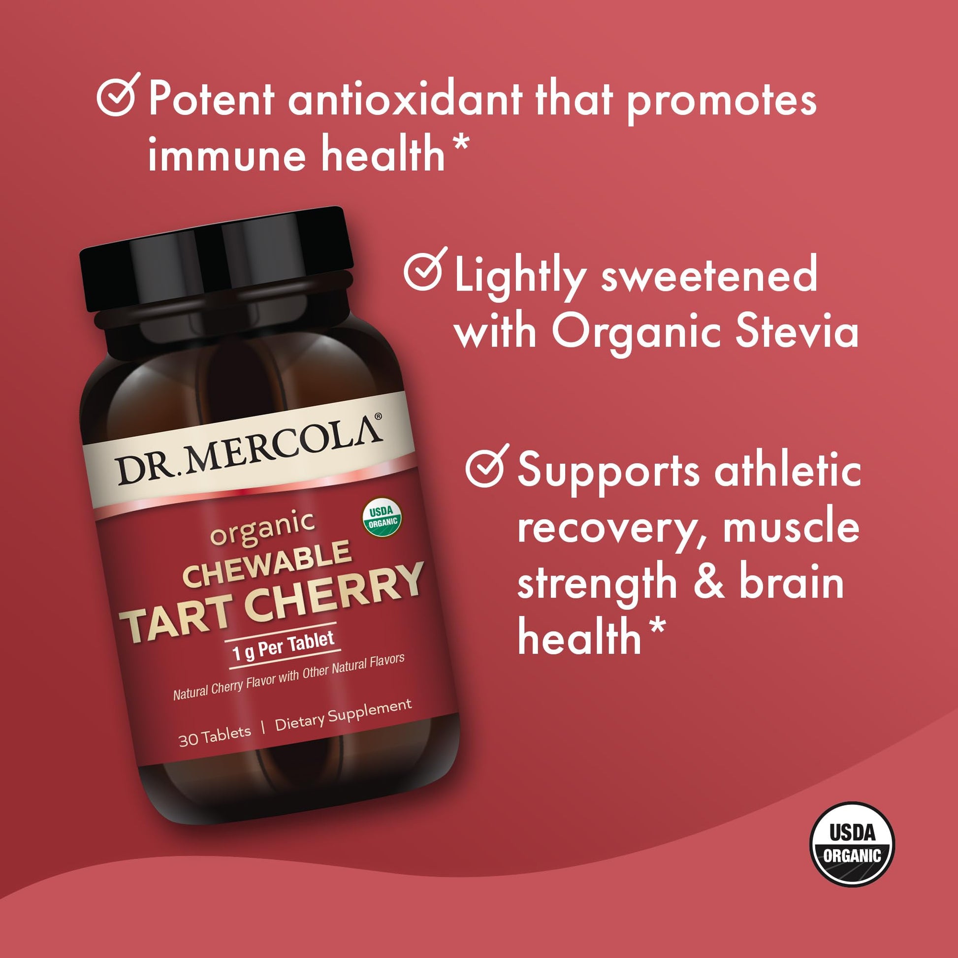 Dr. Mercola Organic Chewable Tart Cherry - Antioxidant Support - Made from Whole-Fruit Montmorency Cherries - USDA Organic - Stevia Sweetened - 30 Tablets Dr. Mercola Au supplements