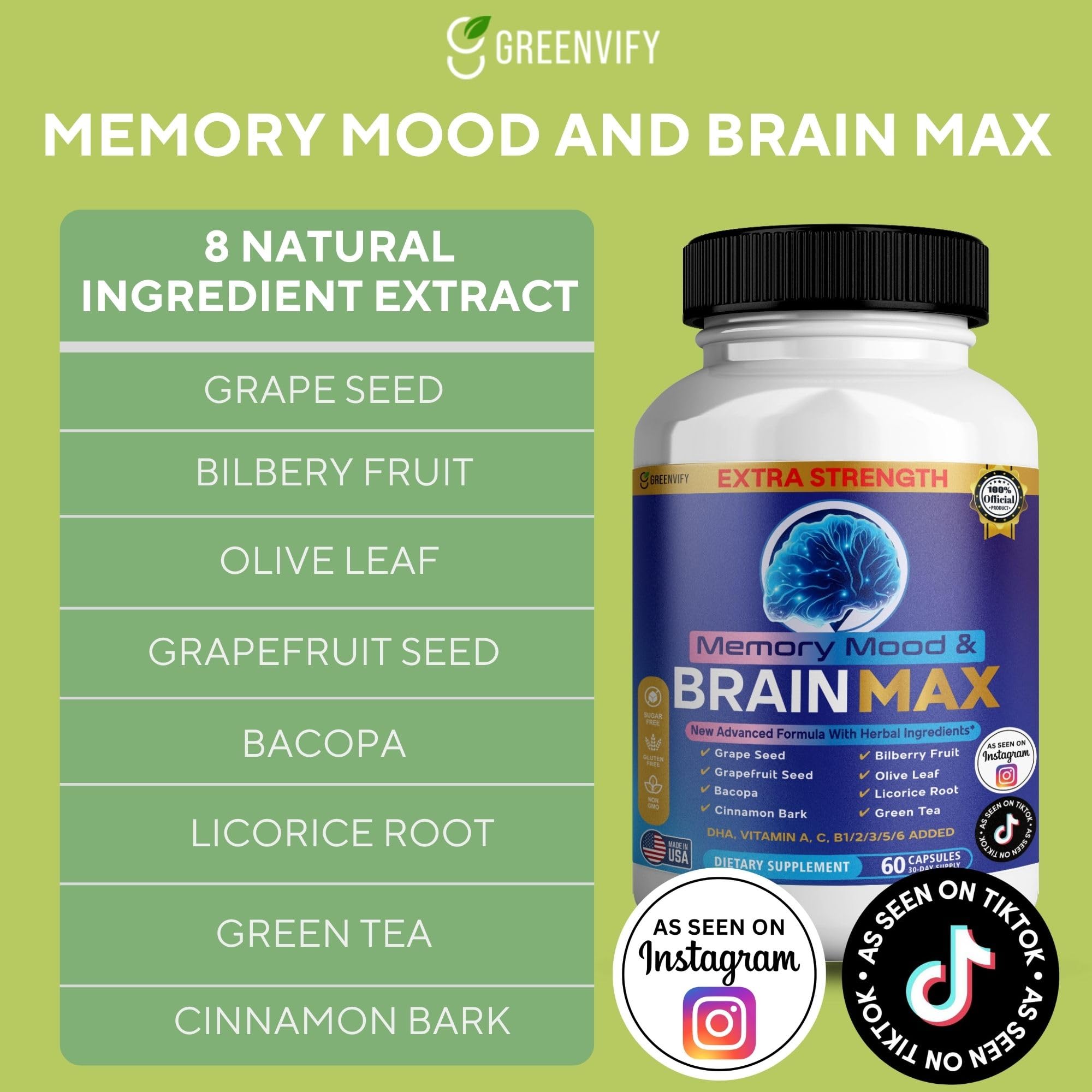 Memory, Mood & Brain Max Extra Strength Supplement with Herbal Ingredients, 60 Capsules, DHA, Vitamins, Bacopa, Green Tea (1) GREENVIFY Au supplements