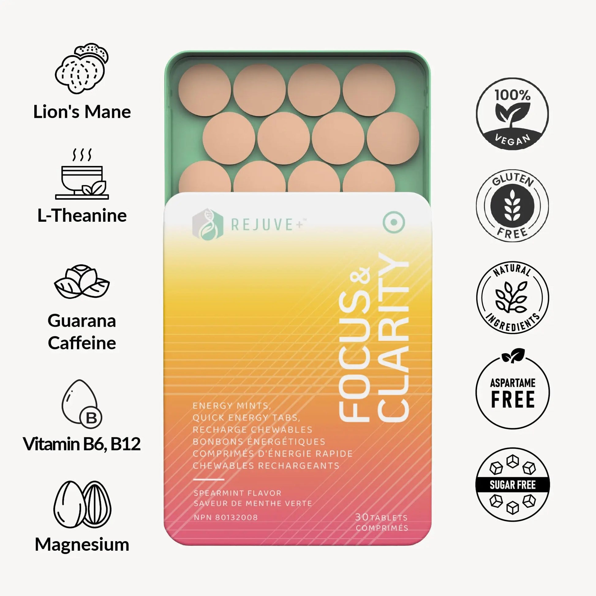 REJUVE+ Focus & Clarity Nootropic Supplement – Brian Boost | L-Theanine, Caffeine, Lion’s Mane, Magnesium, Vitamin B6 & B12 | Brain Support, Memory, Focus & Energy | Mint Flavor (30 Chewables) (1) REJUVE+ Au supplements