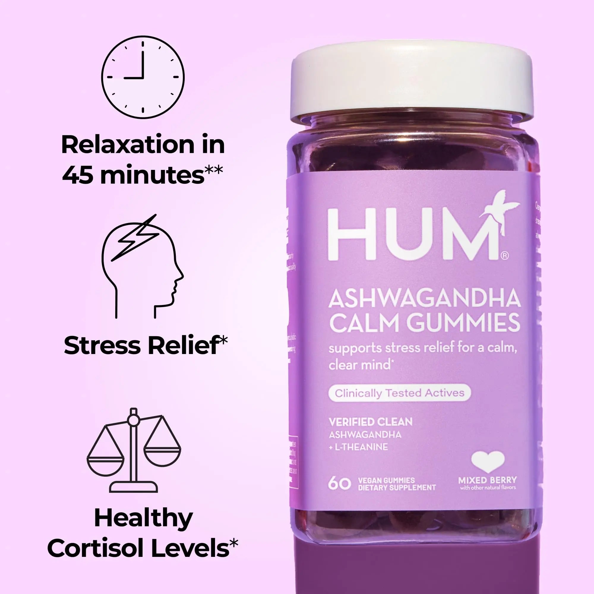 HUM Calm Ashwagandha Gummies for Women and Men, L-Theanine Ashwagandha Supplements for Daily Relaxation & Clarity Support, Vegan Fast Acting Gummy Formula, Mixed Berry Flavor, 60 Gummies HUM Au supplements
