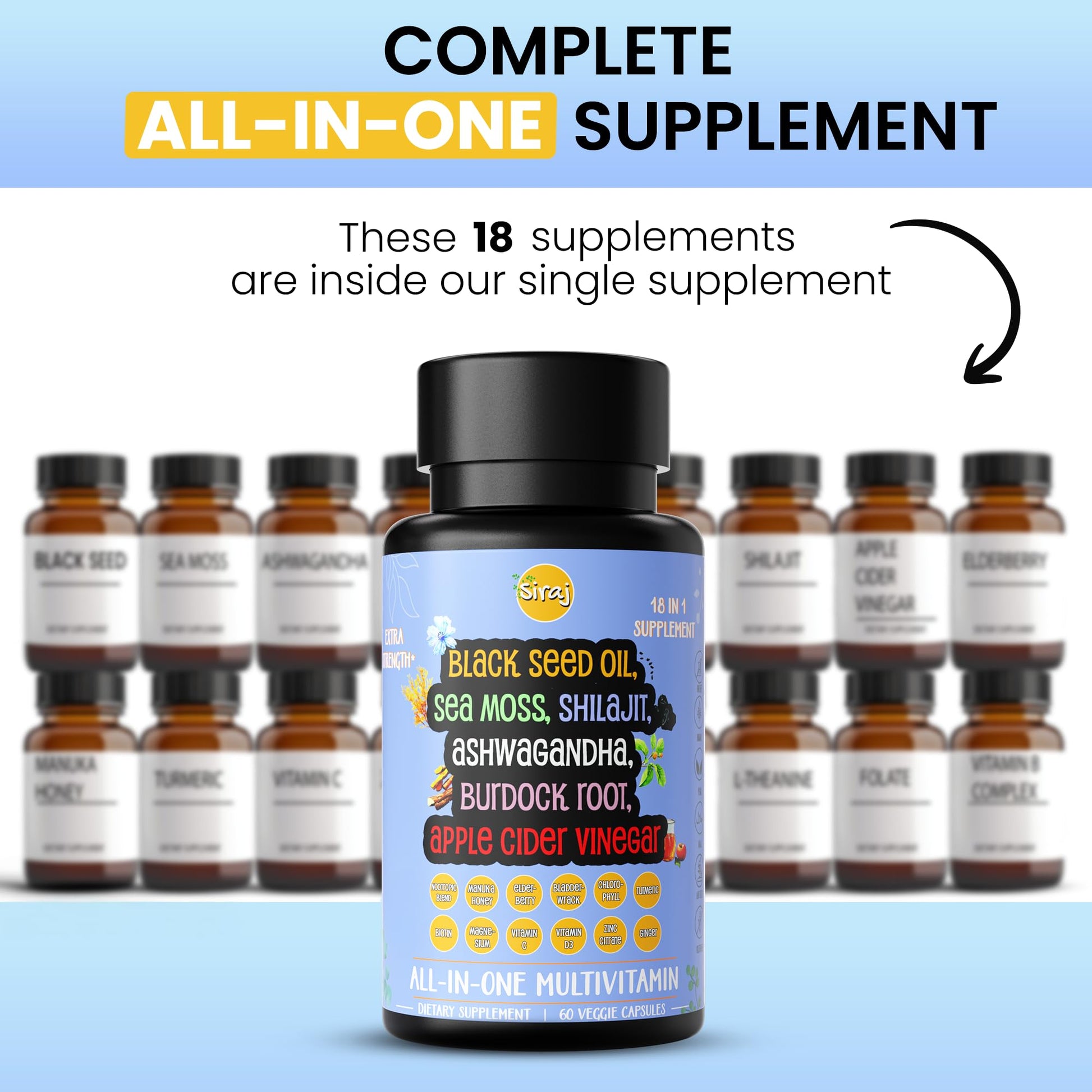 Siraj 18-in-1 Superfood Multivitamin - Irish Sea Moss, Black Seed Oil, Shilajit, Ashwagandha, 5% Thymoquinone, Burdock Root, Nootropic Supplement for Immunity, Focus, Energy and Mood - 60 Capsules Siraj Au supplements