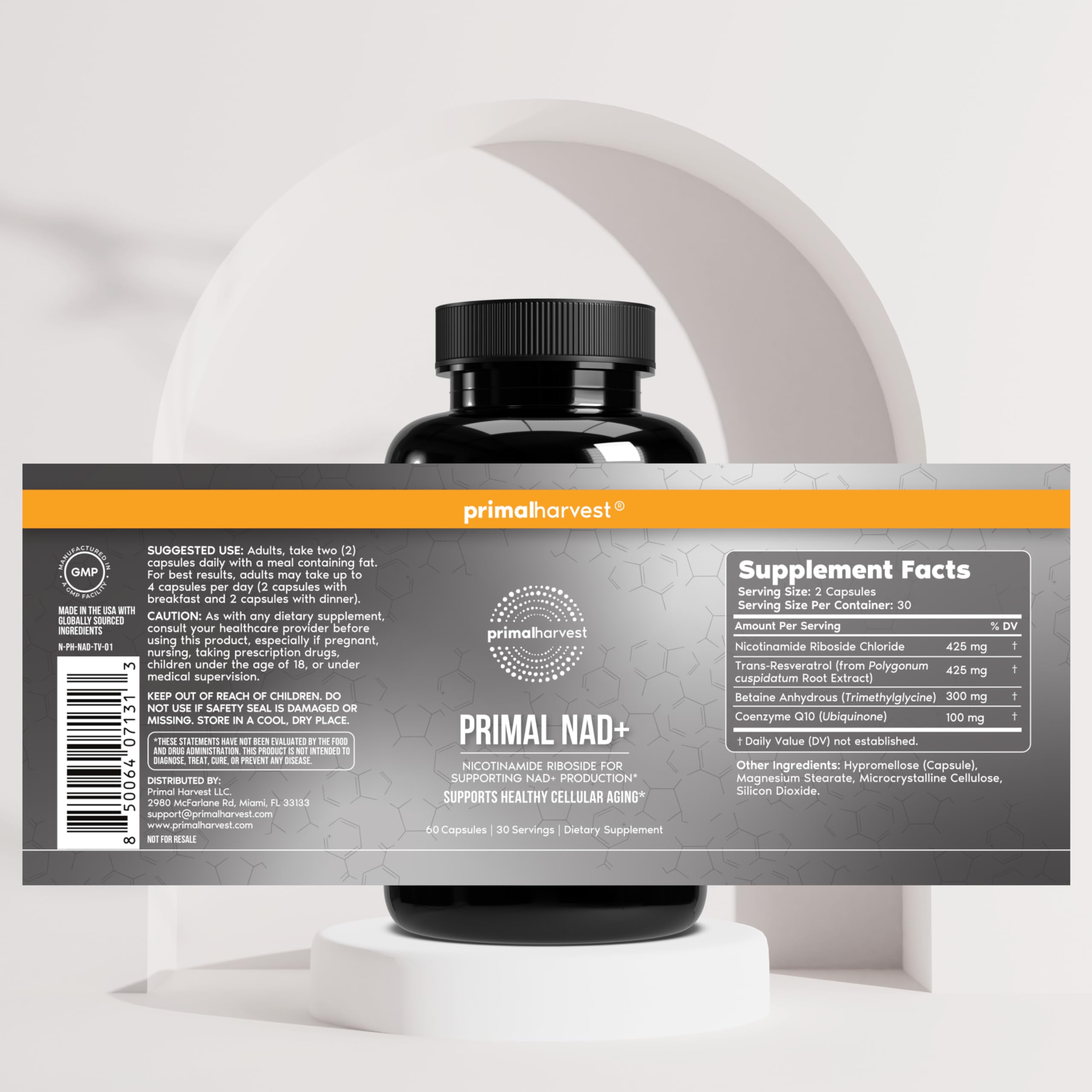 Primal Harvest NAD+ Supplement: Nicotinamide Riboside, Trans-Resveratrol, Betaine, CoQ10, NAD Supplements for Cellular Health, Energy, and Mitochondrial Support Primal Harvest Au supplements