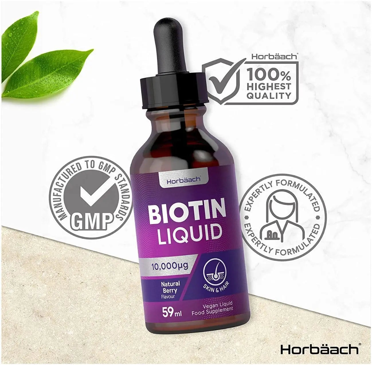 Biotin Liquid Drops for Hair & Skin Support | 10000 mcg Supplement | 59 ml Vitamin B7 Horbäach Au supplements