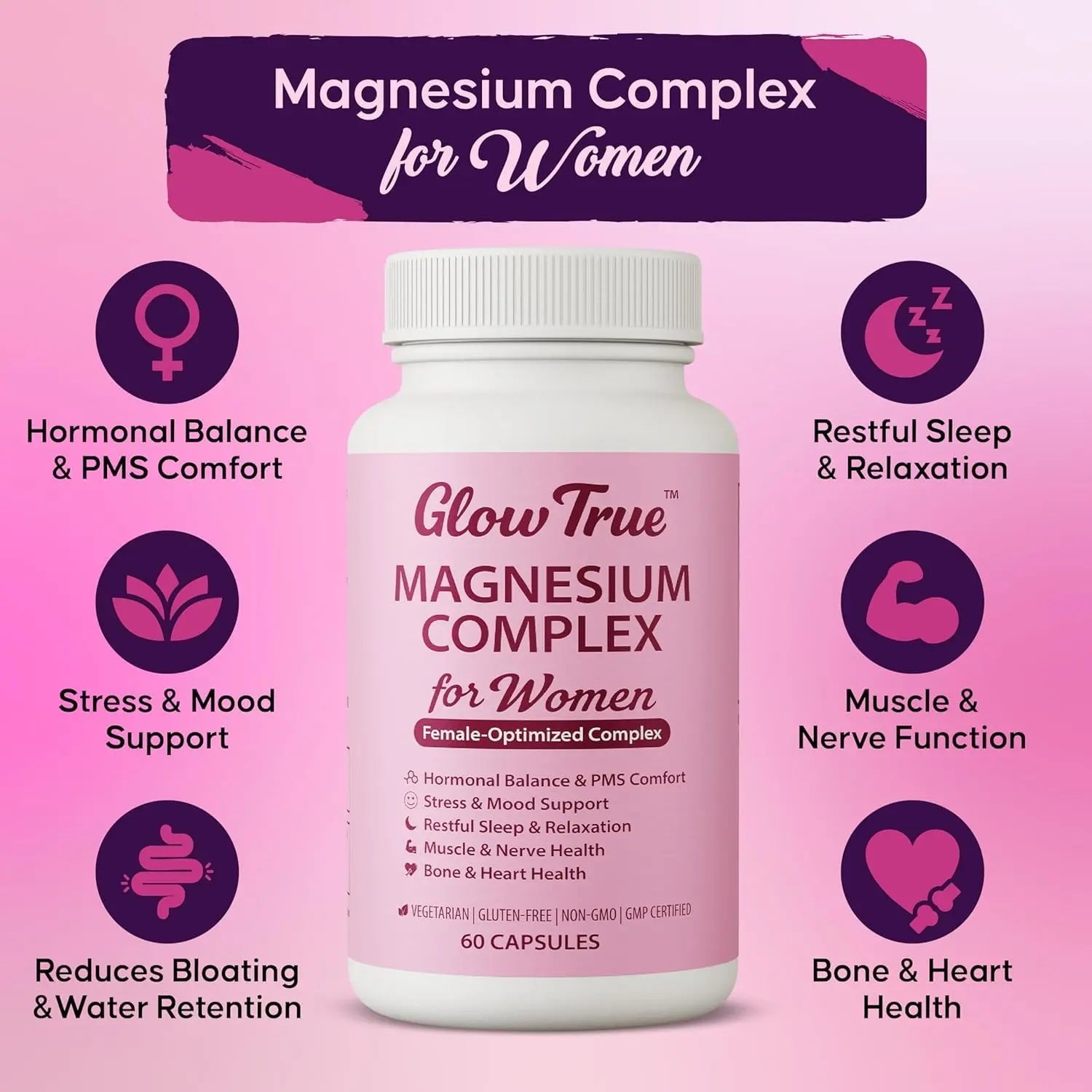 Magnesium Complex for Women – Spectrum 5-Form Magnesium Complex (500 mg), High Absorption Glycinate, Citrate, Oxide & Malate – Vegan, Non-GMO Supports Sleep, Energy, Hormone & Bone – 60 Capsules GlowTrue Au supplements