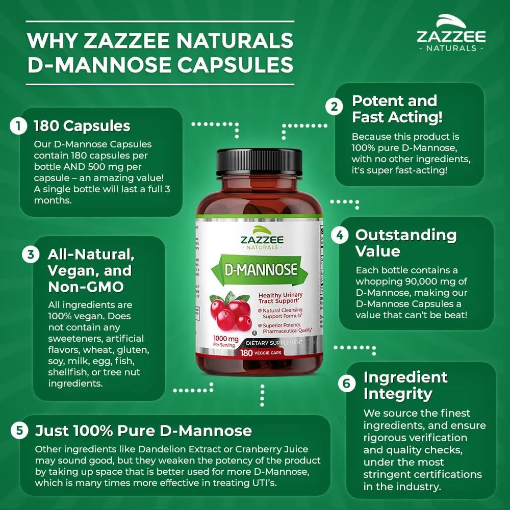 Zazzee D-Mannose, 1000 mg per Serving, 180 Vegan Capsules, 3 Month Supply, Potent Zazzee Au supplements