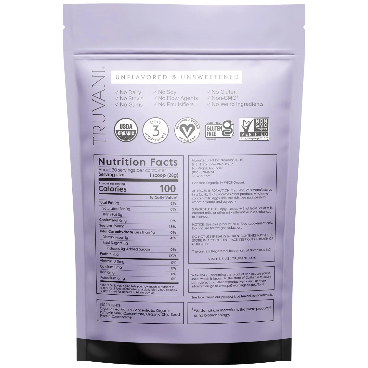 Truvani Organic Vegan Protein Powder Unflavored - 20g of Plant Based Protein, Organic Truvani Au supplements