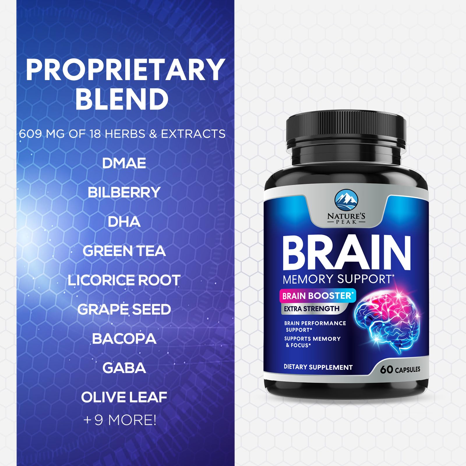 Brain Memory Supplement - 3X Strength Nootropics for Concentration, Clarity & Focus Support - Brain Health Cognitive Vitamins with Bacopa, Phosphatidylserine & DMAE, Brain Booster Pills, 60 Capsules Nature's Peak Au supplements