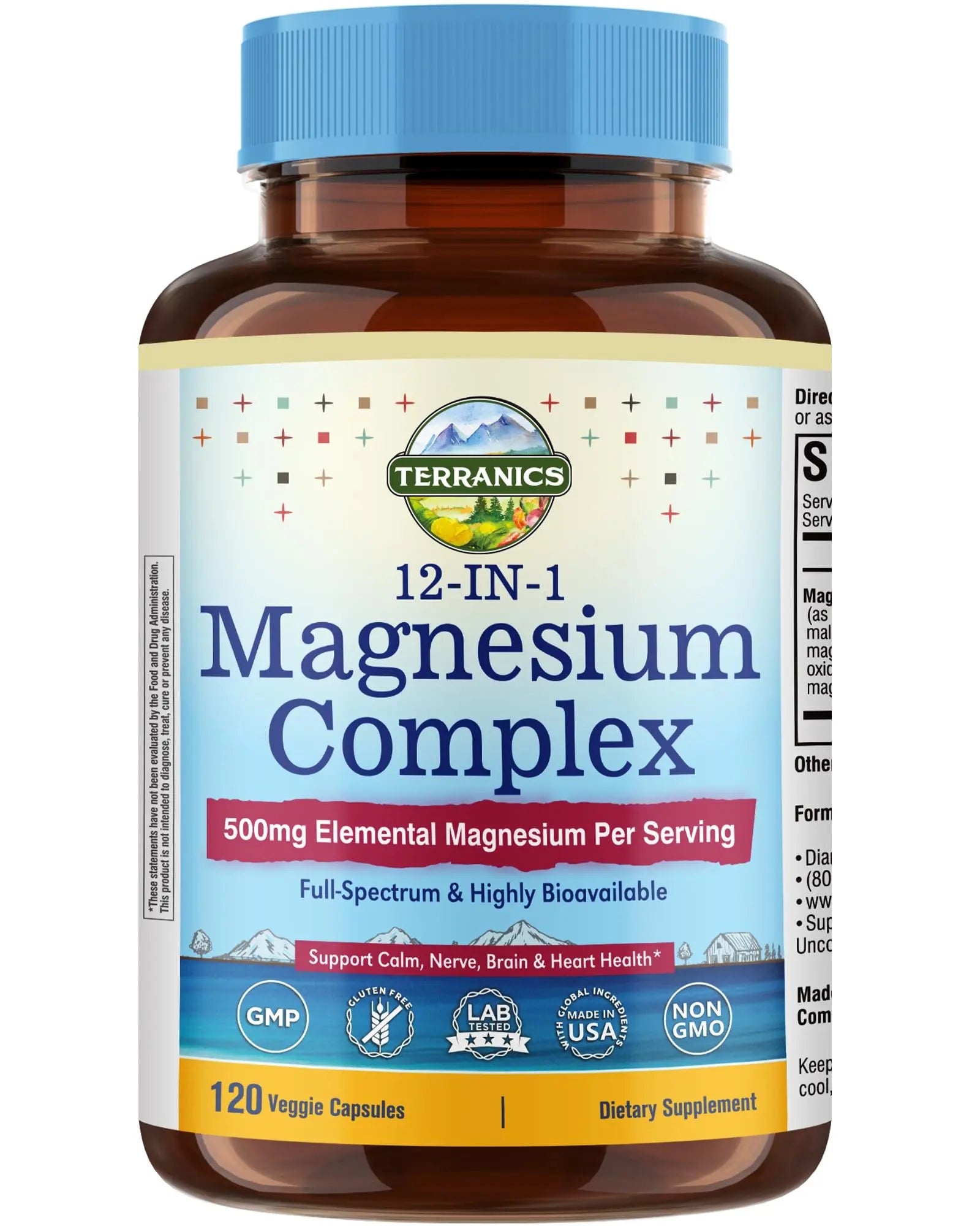 Terranics 12-in-1 Magnesium Complex 500mg, High Absorption Chelated Magnesium Glycinate, Citrate, Malate, Taurate, Orotate & More, for Sleep, Calm, Energy, Heart, Vegan, Non-GMO,120 Capsules Terranics Au supplements