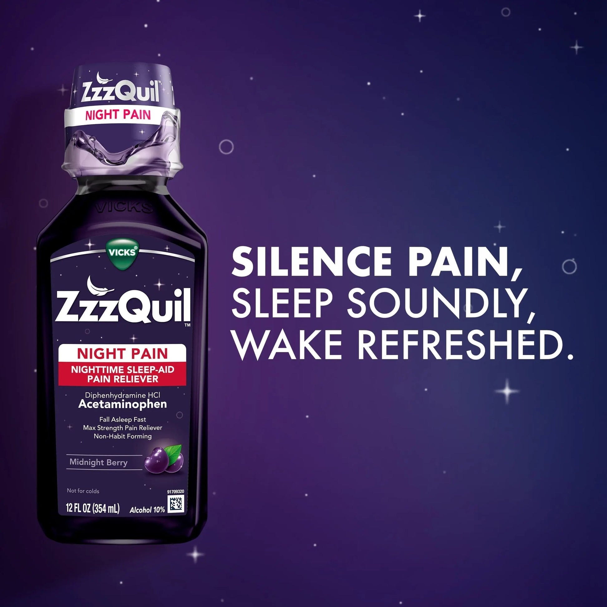 ZzzQuil Liquid, Max Strength Pain Reliever, Nighttime Sleep Aid Liquid, Acetaminophen 1000mg, Diphenhydramine 50mg HCI, Non-Habit Forming, Midnight Berry Flavored, 2 Pack, 24 FL OZ ZzzQuil Au supplements