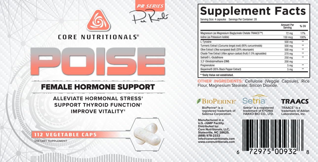 Core Nutritionals Poise Female Hormone Support | Thyroid Hormone Balance & Menstrual Support | with Magnesium & Iodine | Antioxidant Rich | 112 Vegetable Capsules Core Nutritionals Au supplements