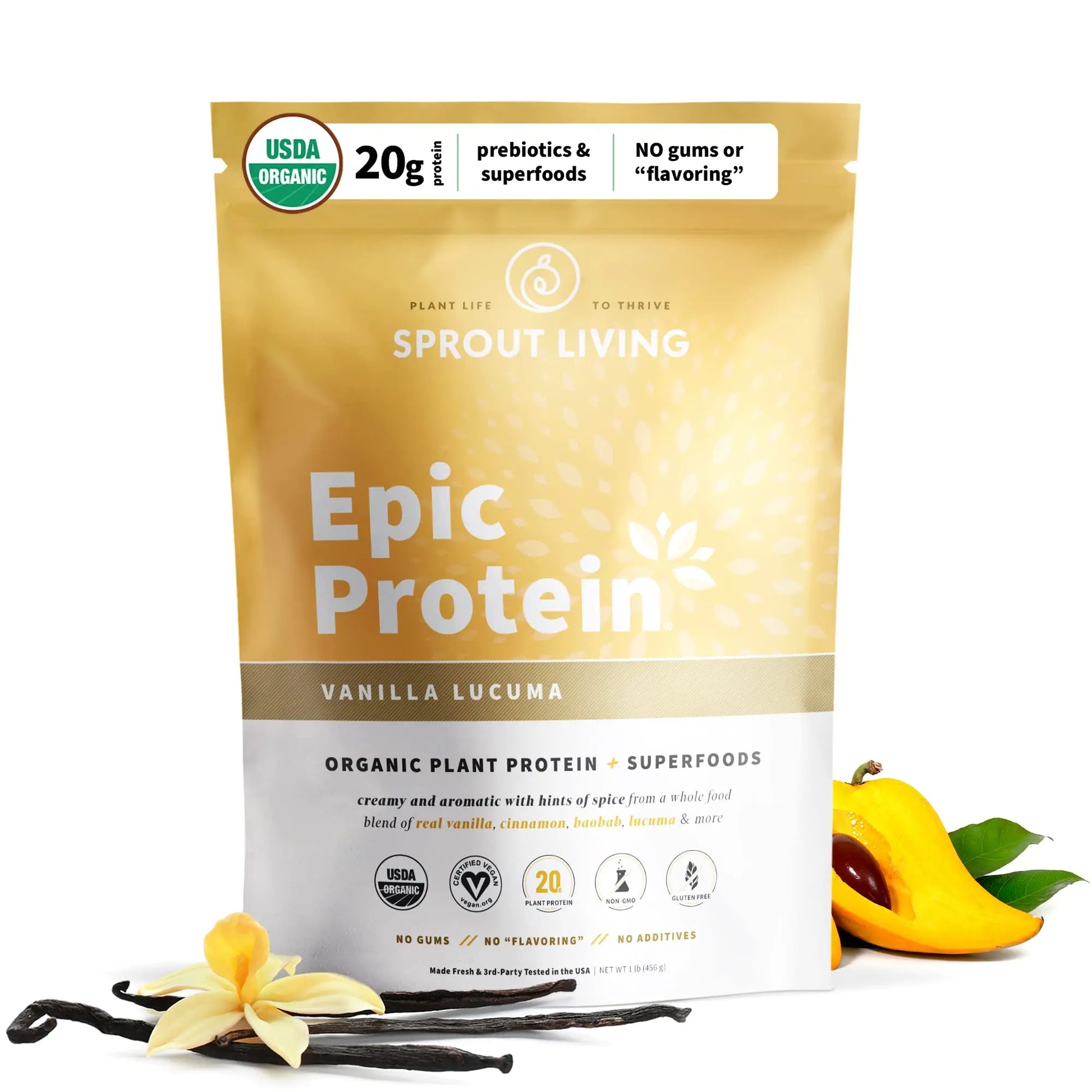 Sprout Living Epic Protein, Plant Based Protein & Superfoods Powder, Vanilla Lucuma Powder | 20 Grams Organic Protein Powder, Vegan, Non Dairy, Non-GMO, Gluten Free, Low Sugar (1 Pound, 12 Servings) Sprout Living Au supplements