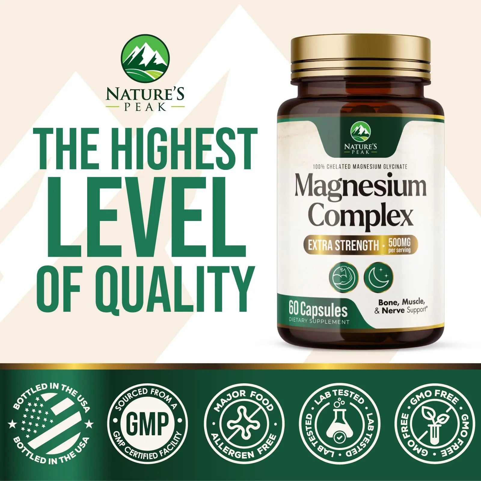 Magnesium Complex Supplement - Magnesium 500mg Per Serving - High Absorption Blend of Glycinate, Citrate, Malate, Oxide - Supports Sleep, Muscle, Bone, Heart Health - Bottled in USA - 60 Capsules Nature's Peak Au supplements