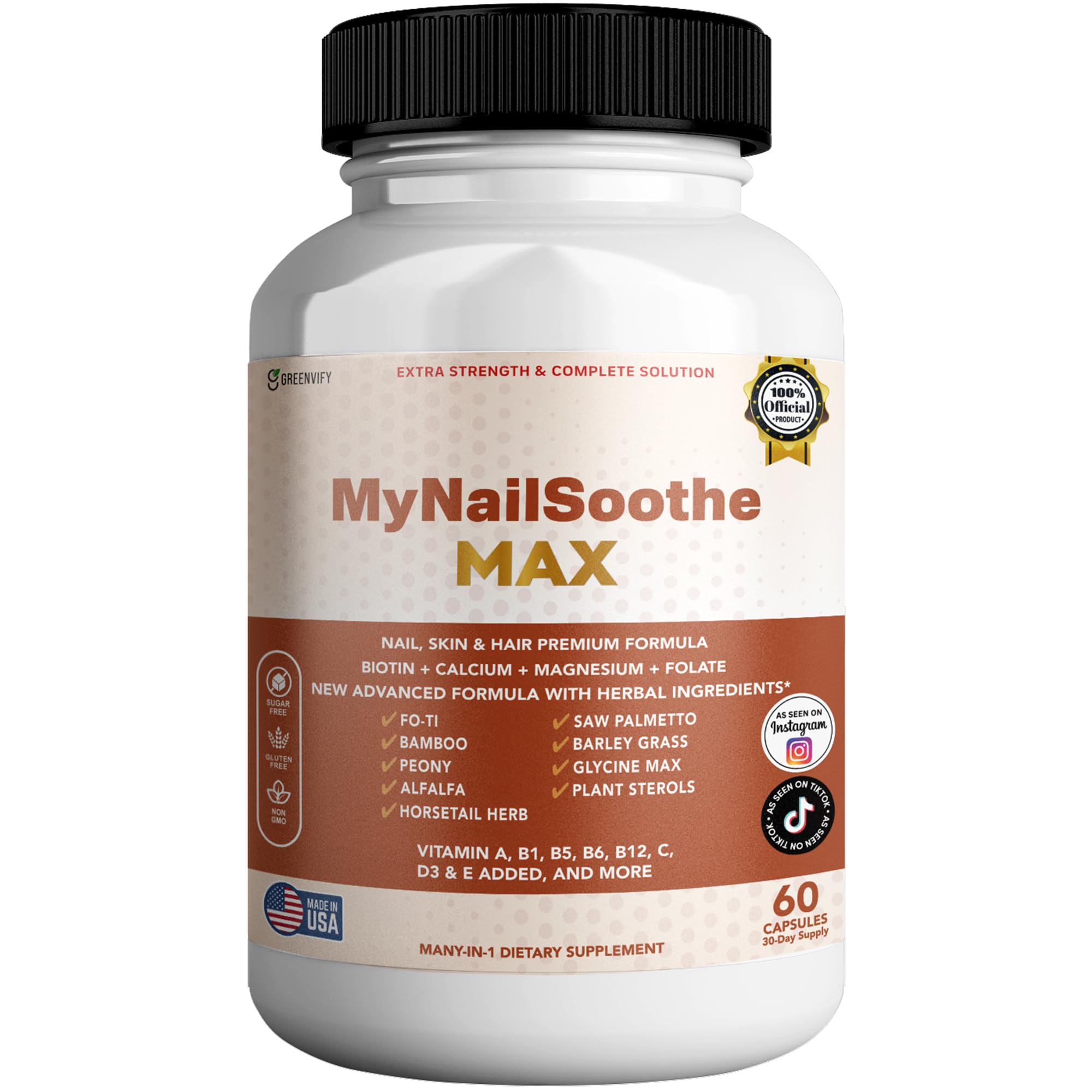 GREENVIFY MyNailSoothe MAX Hair, Skin & Nail Supplement, 60 Capsules, with Biotin 5000mcg, Vitamins, Minerals & Herbal Blend (1) GREENVIFY Au supplements