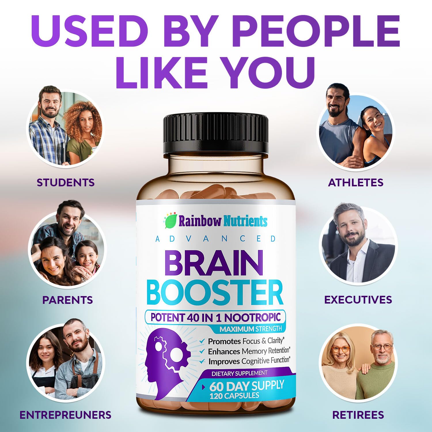 40-in-1 Brain Booster Supplements for Memory, Focus, Clarity, Energy, Performance | Natural Nootropic Brain Support Supplement with DMAE, Bacopa Monnieri & More | For Men & Women | 120 V Capsules Rainbow Nutrients, LLC Au supplements