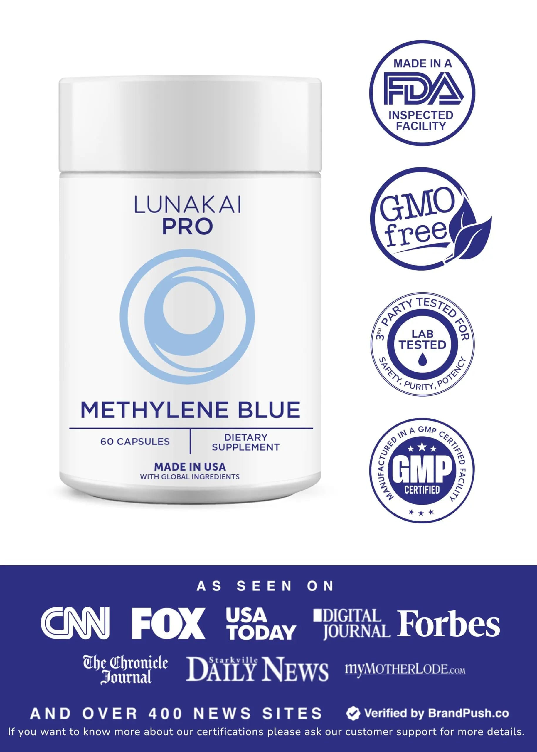 Lunakai PRO USA Made Methylene Blue Capsules Pharmaceutical Grade with Vitamin C, B6, B12 – 3rd-Party Tested Daily Brain & Focus Support Supplement for Humans, 60ct Lunakai Au supplements