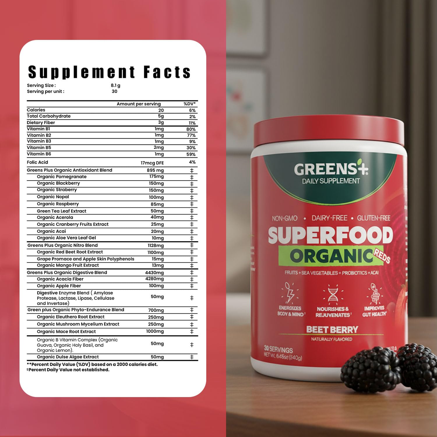 Greens+ Organic Reds Superfood Powder, Antioxidant, Polyphenol, Blend for Morning Kick, Energy, Vitality Boost, Nutrition, Vibrant Health, Vegan Soy/Dairy/Gluten Free(8.46oz) Greens+ Au supplements