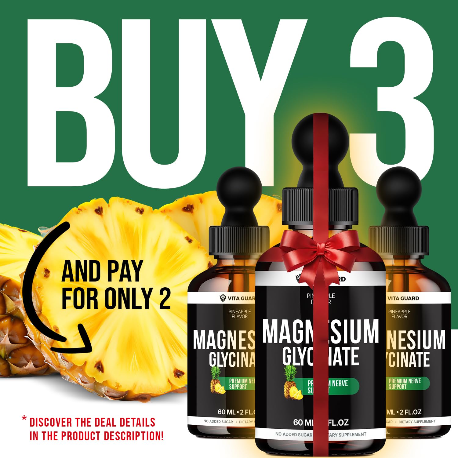 Magnesium Glycinate 500mg Liquid Drops – Sugar-Free Magnesium Supplement, Vegan Formula, 60 mL Flavor Pineapple Vita Guard Au supplements