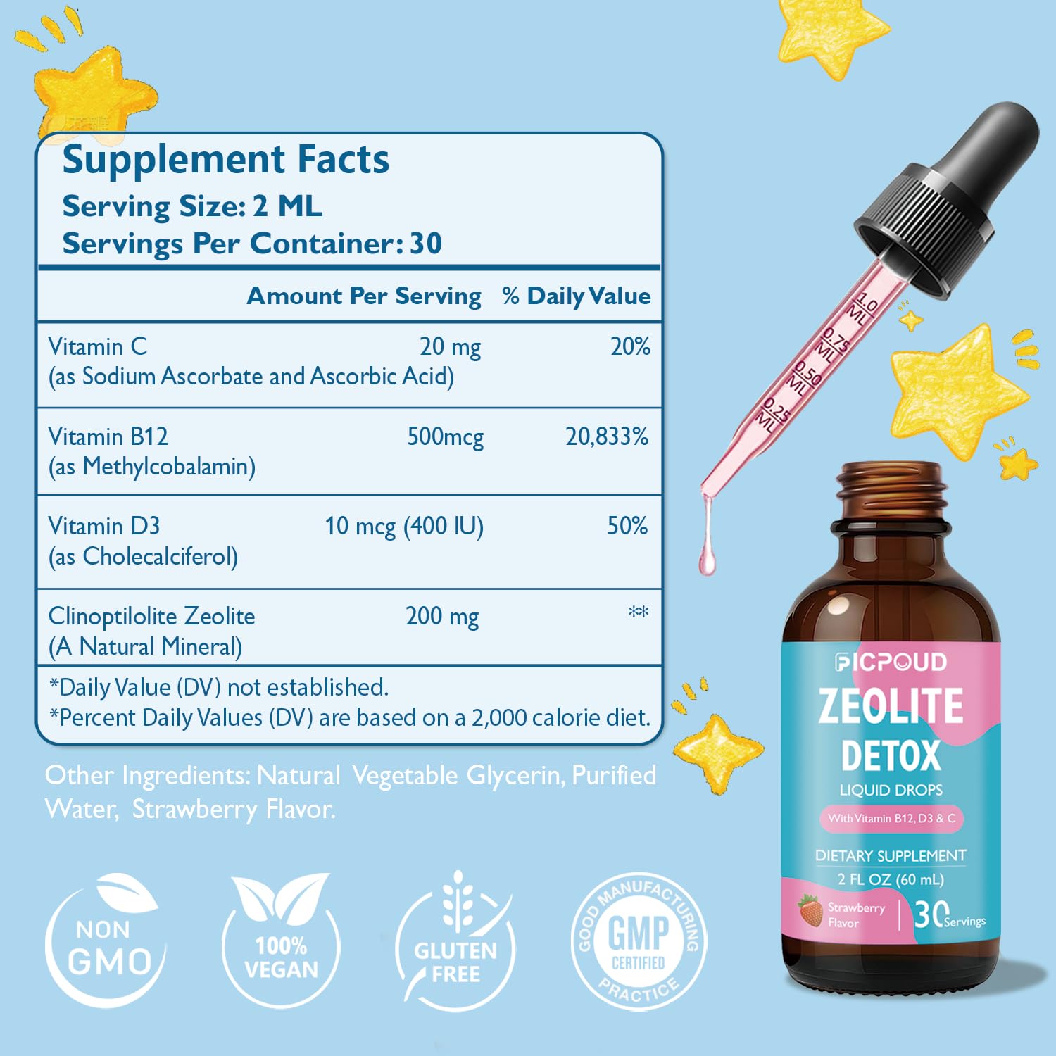 Ficpoud Zeolite Detox for Kids & Adults – Pure Zeolite clinoptilolite Liquid Drops with Vitamin B12, C & D3 – Gentle Daily Cleanse for Gut, Immune, Energy & Speech Support, Strawberry Flavor, 2 Fl Oz Ficpoud Au supplements