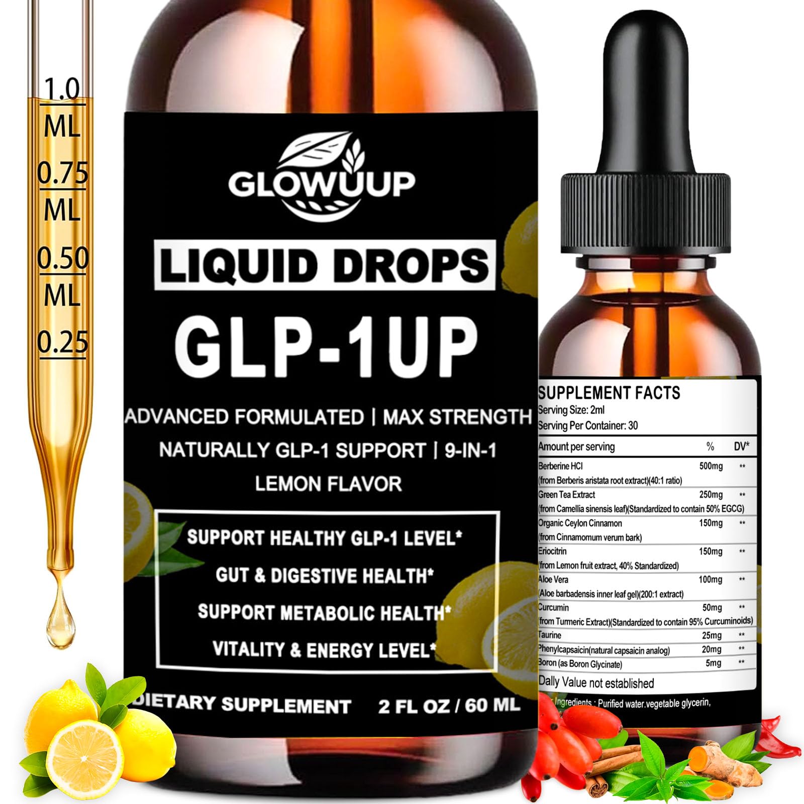 GLP-1 Supplement for Women & Men, 9-in-1 Naturally GLP-1 Support w. Berberine HCI Cyelon Cinnamon Green Tea Eriocitrin, GLP1 for Gut Digestion Metabolic, GLP-1 Drops 6X Stronger Than Capsules GLOVVUUP Au supplements