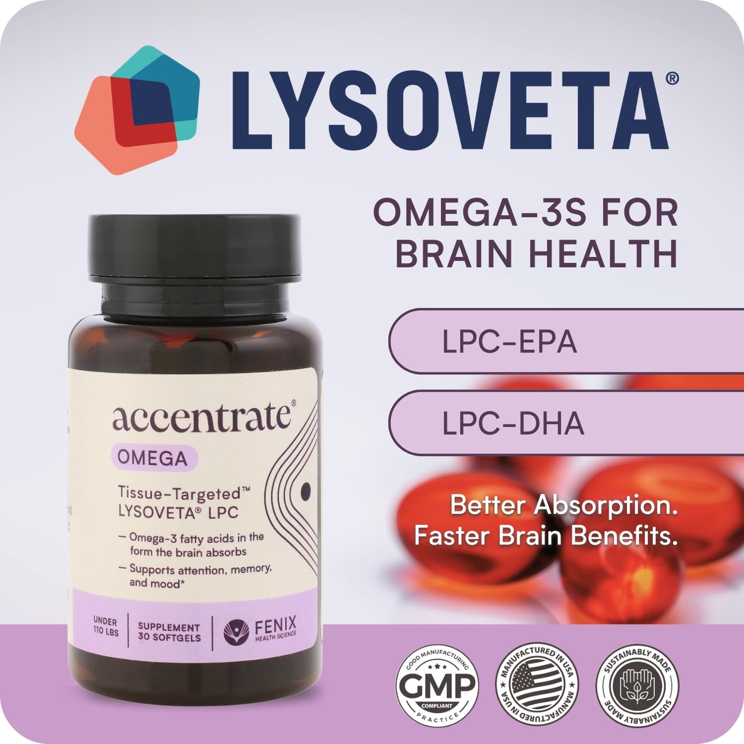 Omega w/LYSOVETA LPC | EPA & DHA Supplements for Brain Health | Focus, Attention, Memory, & Mood | 6X Higher Absorption Than Fish Oil | Omega-3 Fatty Acid Supplements | Highest Potency LPC-DHA Accentrate Au supplements