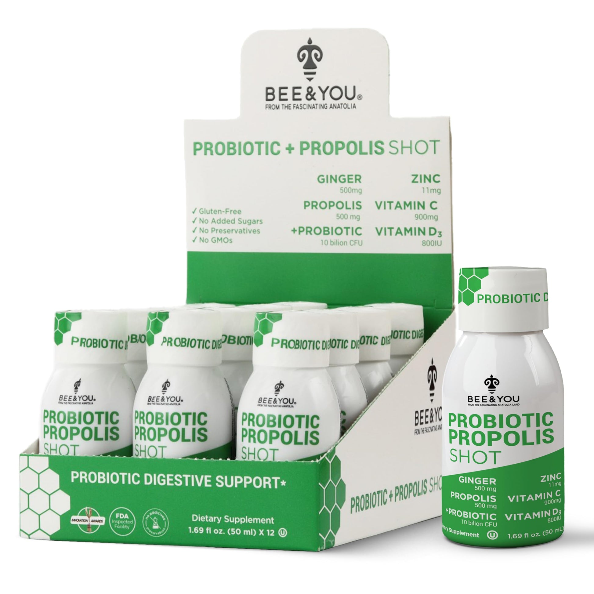Bee and You Propolis Immune Shot, Probiotic, Vitamin C, Vitamin D3, Zinc, Ginger, Immune Support, Gut Health, Digestive Health, Bioactive 1.69 Fl. oz, 12 Pack BEE & YOU Au supplements
