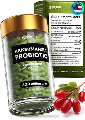 Akkermansia Muciniphila Probiotics 320 Billion CFU| Probiotic and Prebiotic | Akkermansia Probiotics for gut health | Inulin Prebiotic Fiber Capsules Astaxanthin & Berberine & Chromium | 120 capsules Stanis Labs Au supplements
