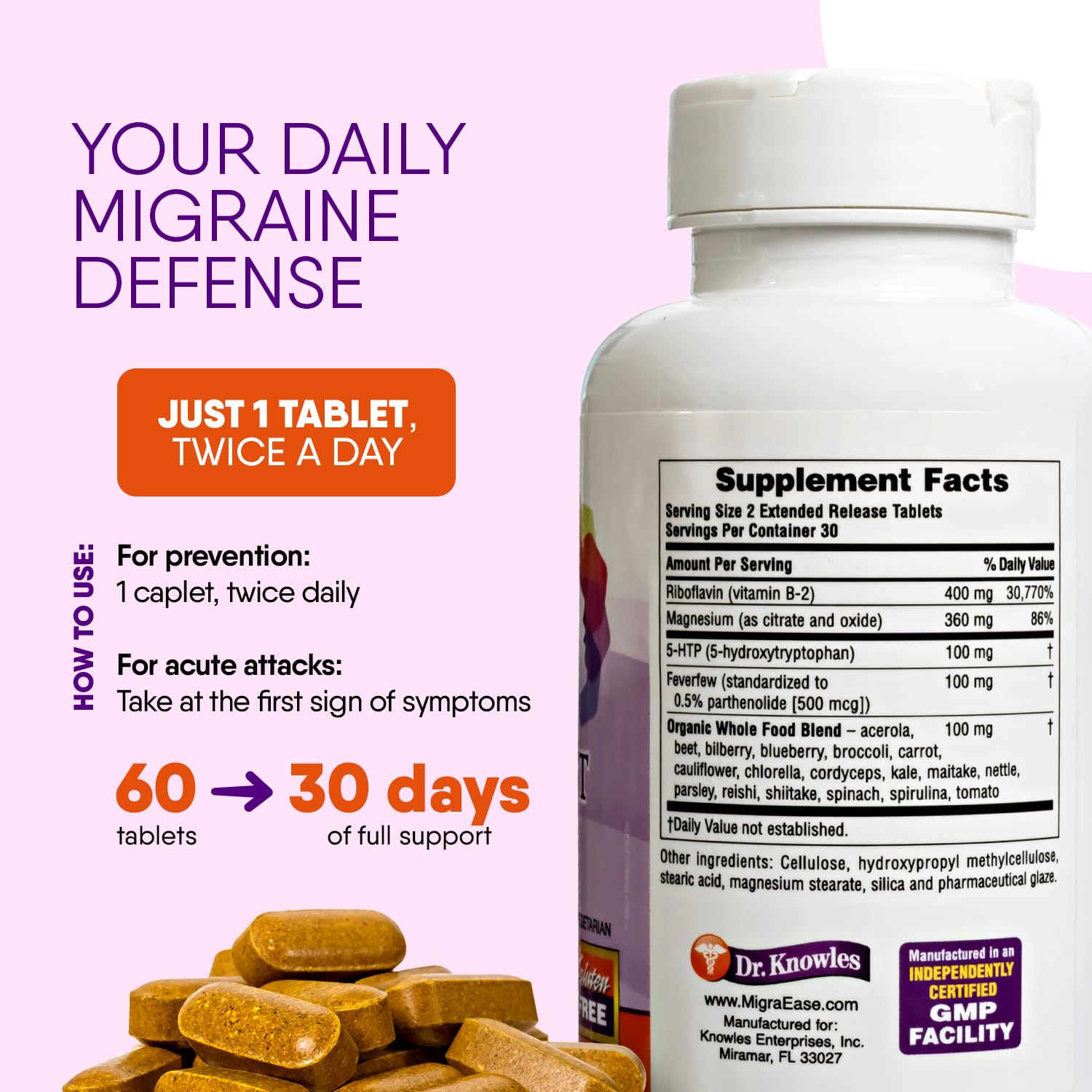 Doctor Knowles Migraine Supplement |Complete Natural Migraine Prevention & Relief Pills with Magnesium, 5-HTP, Feverfew, Riboflavin & Organic Blend |Caffeine Free, Extended-Release Tablets (60 Units) DR. KNOWLES Au supplements