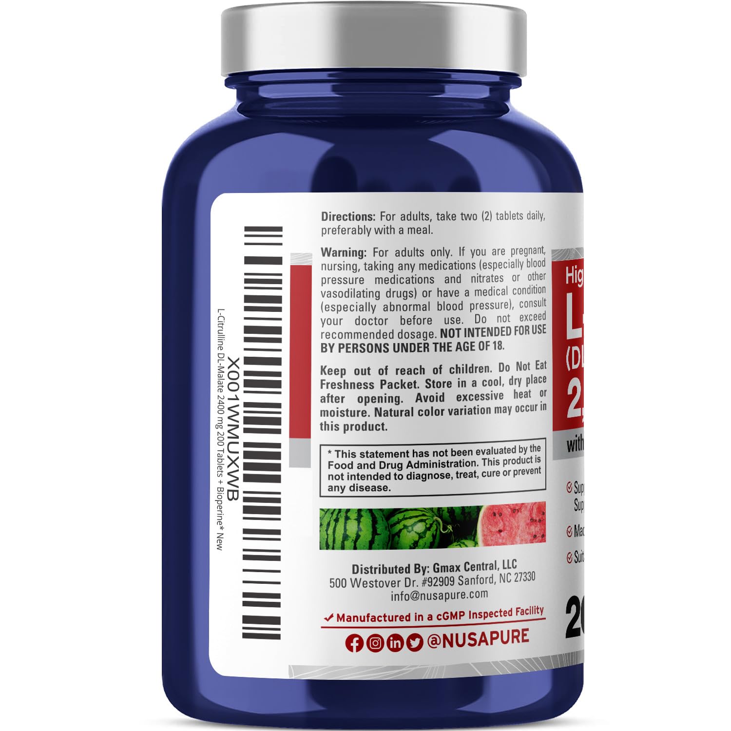 NusaPure L-Citrulline 2,400mg 200 Vegetarian Tablets (Non-GMO, Gluten Free, 100-Day Supply, Bioperine) NusaPure Au supplements