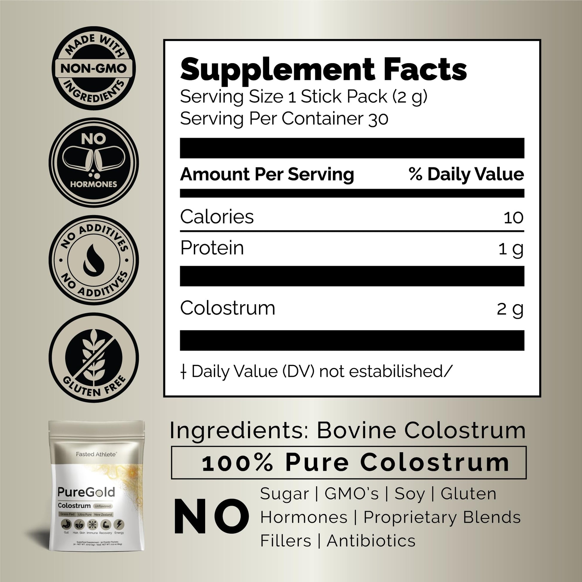 PureGold - Bovine Colostrum Powder - 100% Pure New Zealand Grass Fed, Supports Gut Health, Skin, Hair, & Immunity – Colostrum Supplement, Unflavored, 30 Travel Packets Fasted Athlete Au supplements