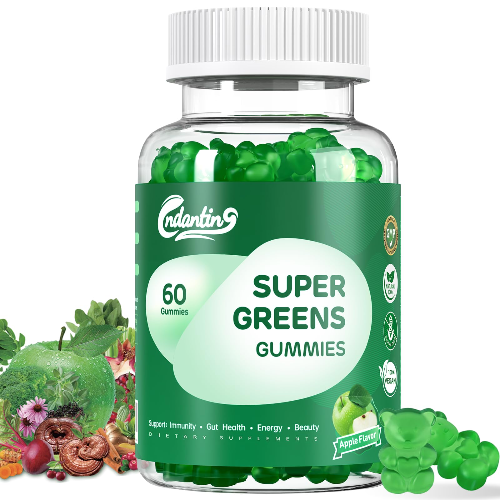 Multivitamin Super Greens Gummies - Daily Vegan Gummy Vitamins for Women, Apple Flavor | Organic Blend with Vitamin C, Turmeric, Zinc, Immune Support, Energy Booster, Metabolism | 60 Count CNDANTING Au supplements
