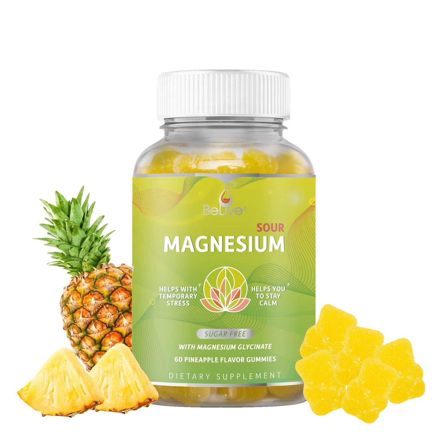BeLive Magnesium Gummies 200mg - 60 Ct | Magnesium Glycinate Supplements for Relaxation, Stress Relief, and Sleep for Adults & Kids - Tasty and Tangy Pineapple Flavor BeLive Au supplements