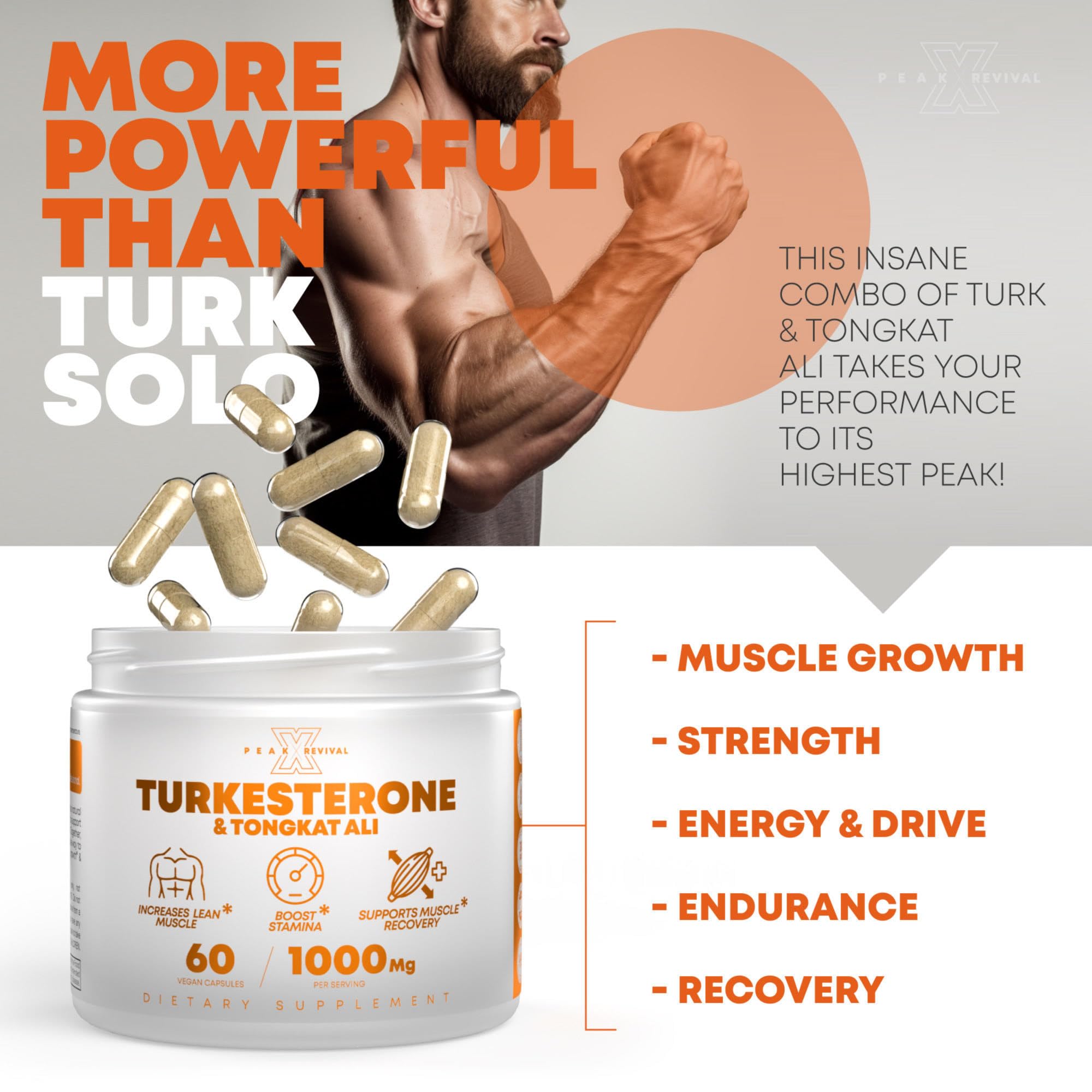 Peak Revival-X Turkesterone & Tongkat Ali 1000mg Supplement - 500mg Ajuga Turkestanica Per Serving Increase Stamina, Lean Muscle Growth & Recovery - Made in The USA (60 Capsules) Peak Revival-X Au supplements