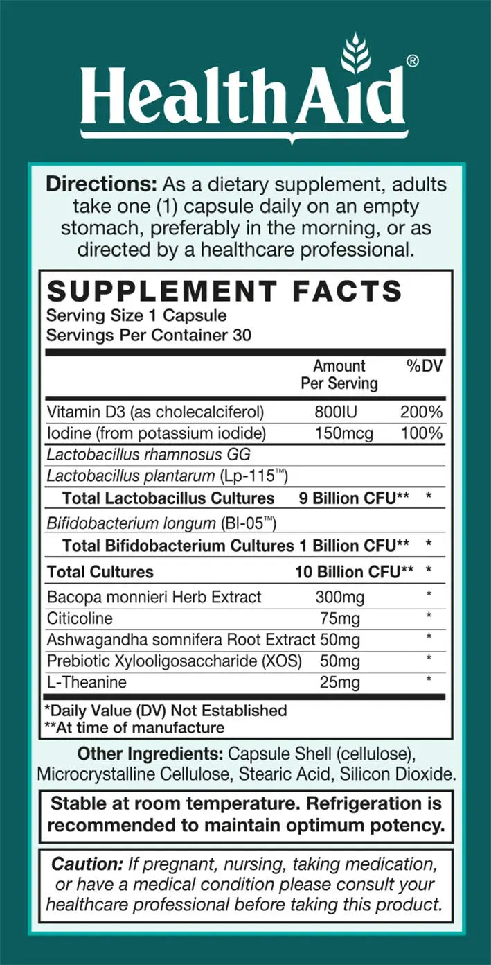 FocusProbio for Adults – 10 Billion CFU Probiotic with Prebiotic, Bacopa, Citicoline, L‑Theanine, Ashwagandha & Vitamin D₃ | Supports Focus, Mood & Gut-Brain Balance – Vegetarian, Once Daily HealthAid Au supplements