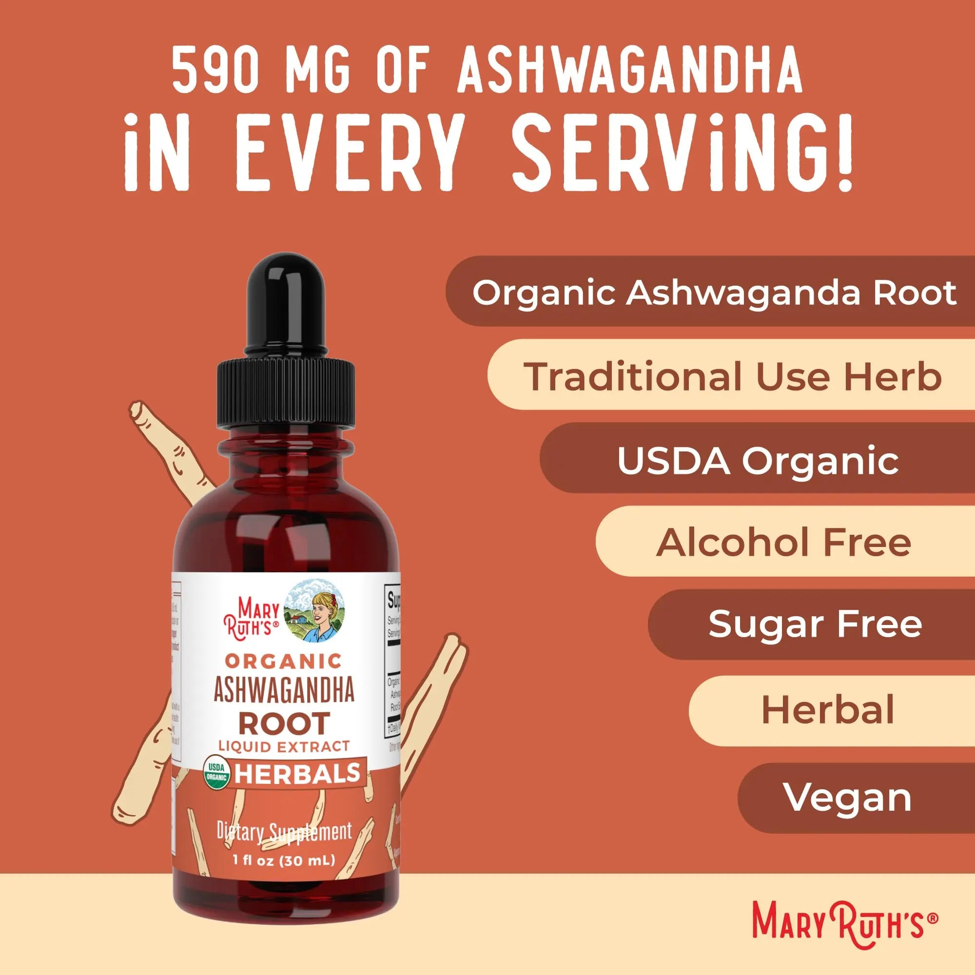 MaryRuth Organics Ashwagandha Root | USDA Organic Ashwagandha Liquid Drops | Stress Relief, Natural Calm, Relaxation and Mood Support Supplement | Adaptogenic | Nervine | Vegan | Non-GMO | 60 Servings MARYRUTH'S Au supplements