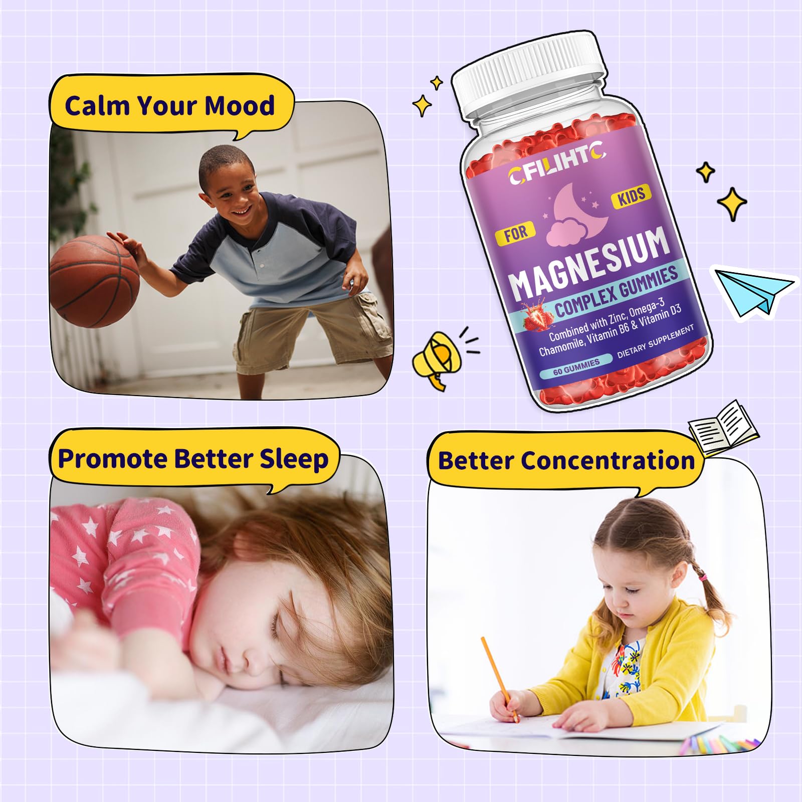 Kids Magnesium Gummies-Magnesium Glycinate Gummies for Kids Supplement-w/Zinc, Chamomile, Omega-3, Vitamin B6, D3 - for Sleep, Relaxation, Brain, Bones, Children's Calm, Sugar Free Strawberry 60ct CFILIHTC Au supplements