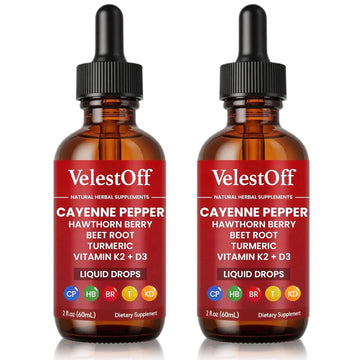 Velestoff Cayenne Pepper Drops, Cayenne Circulation Blend with Hawthorn Beet Root Turmeric Vitamin K2 D3 - Vegan, Non-GMO - 2FL.OZ (2 PCS) Velestoff Au supplements