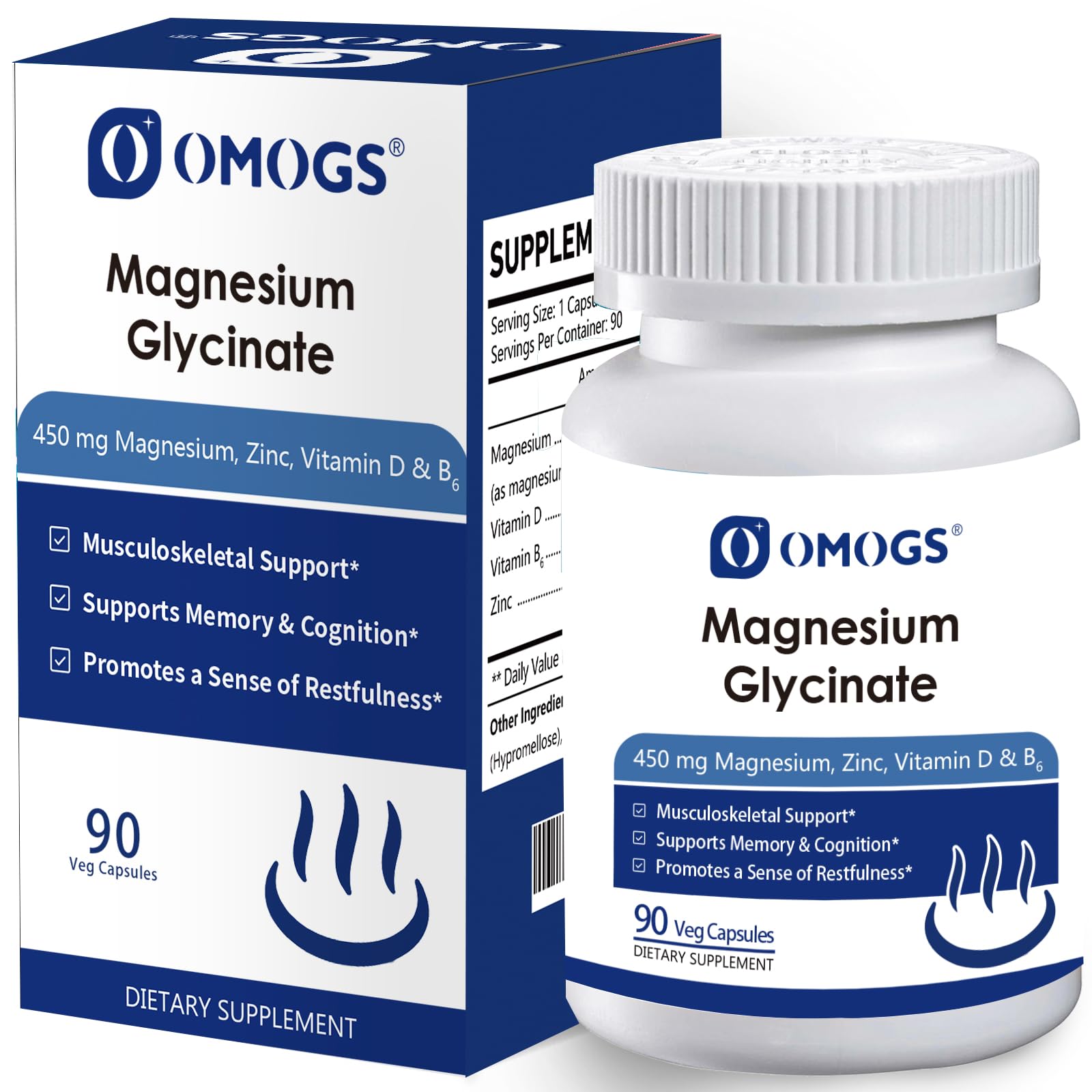 OMOGS High Absorption Magnesium Glycinate, for Supporting Sleep, Muscle Relaxation, Heart Health & Bone Health, Gluten Free, Non-GMO, 90 Vegetarian Capsules OMOGS Au supplements