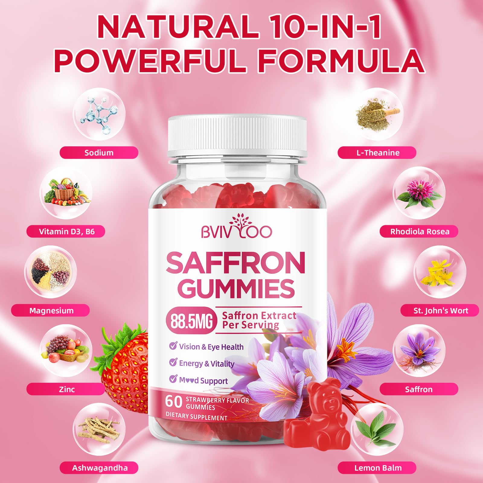 Saffron Gummies for Adult Kids, 10-IN-1 Formula with Saffron 88.5mg, Vitamins D3 & B6, Magnesium, Zinc, Ashwagandha, L-Theanine, St. John's Wort - Supports Mood & Focus, Strawberry Flavor, 60 Count BVIVLOO Au supplements
