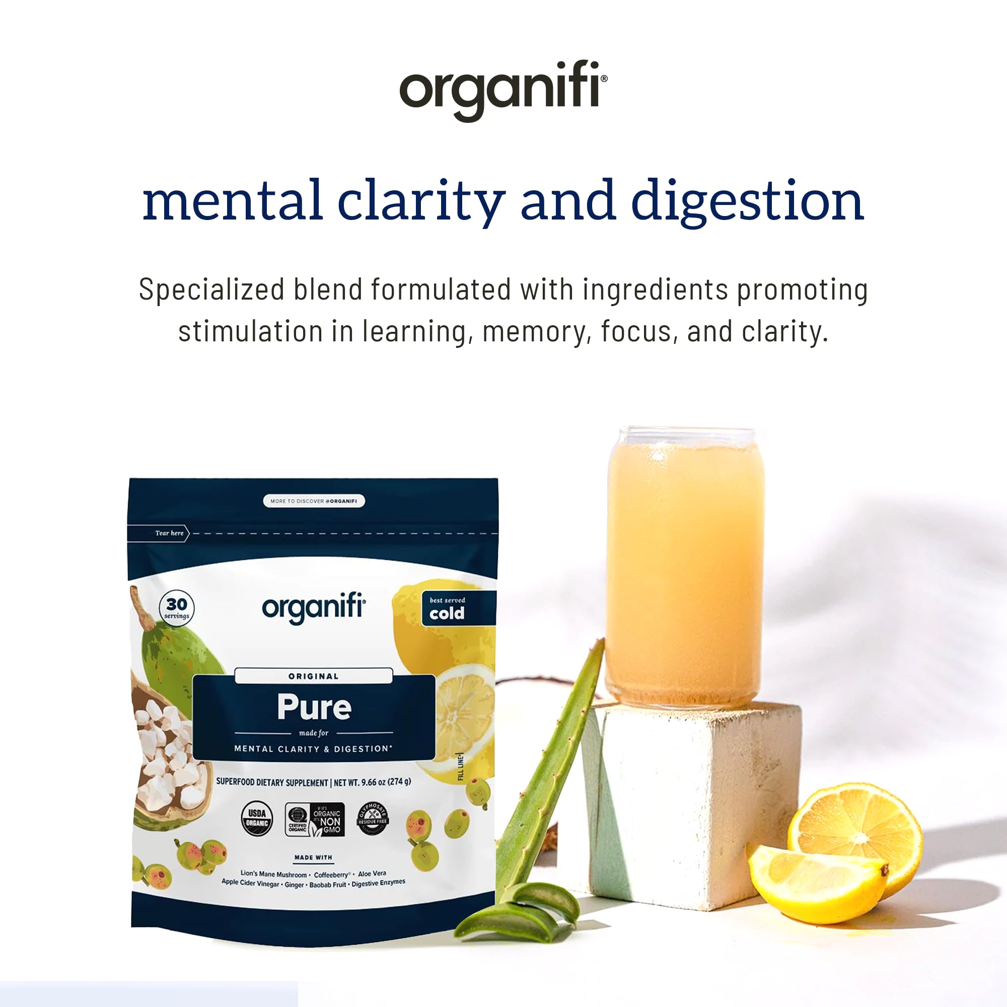 Organifi Pure - Promotes Stimulation in Learning, Memory, Focus, and Clarity - Brain Support with Superfoods - Gluten-Free and Non GMO - Best Served Cold, 30 Servings Organifi Au supplements