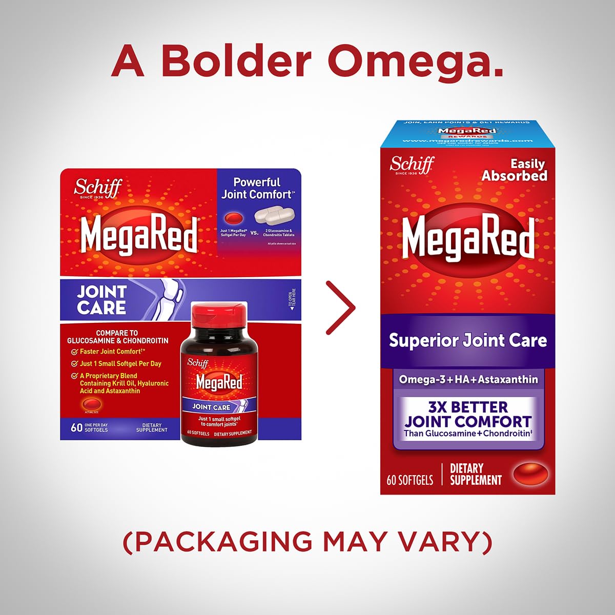 Omega-3 Krill Oil and Joint Supplement - Megared Joint Care 60 softgels - EPA/DHA fatty acids, Antioxidants, Hyaluronic acid, No fishy burp aftertaste as with Fish Oil MegaRed Au supplements