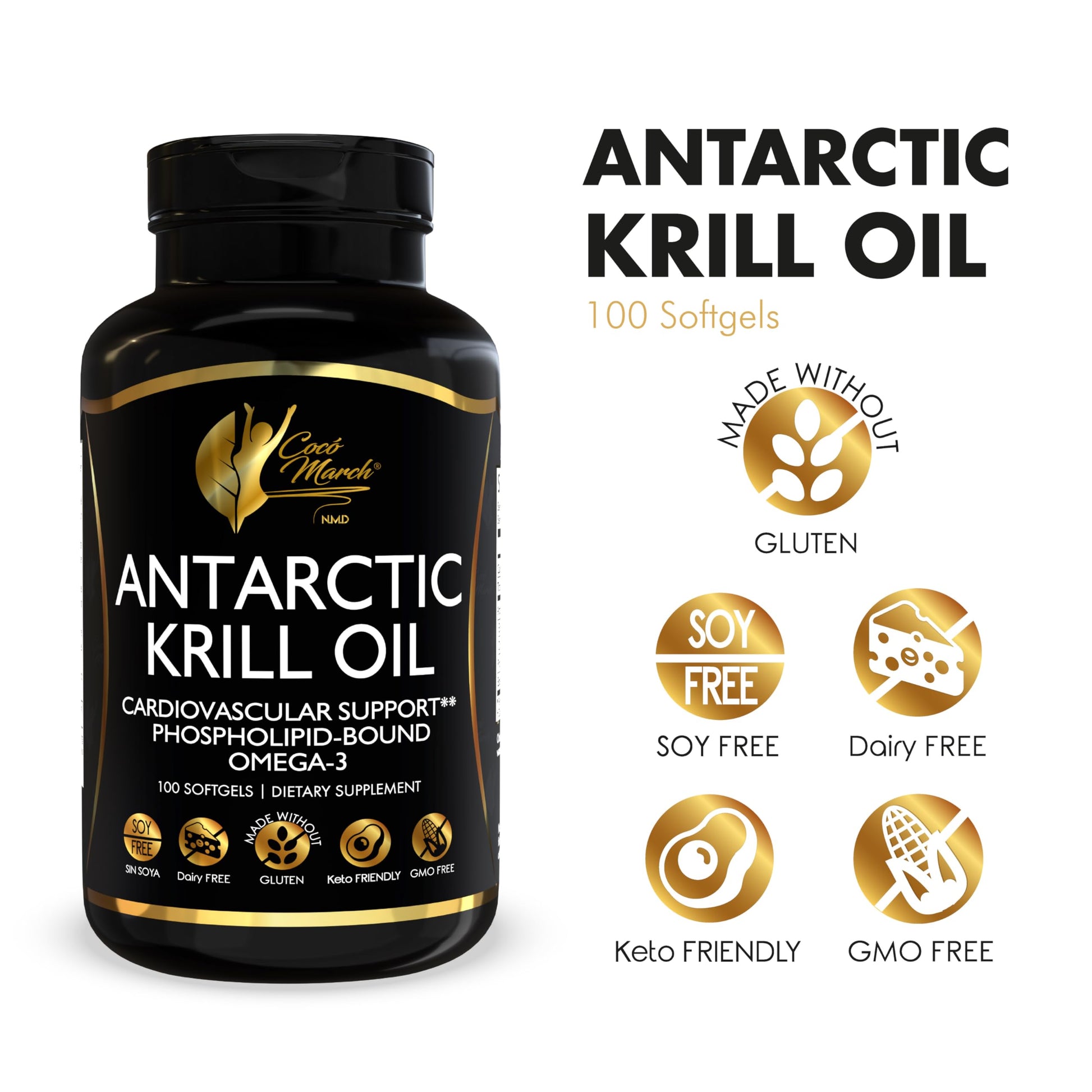 Cocó March N.M.D Pure Antarctic Krill Oil 1000mg – Omega 3 Fish Oil Supplement with EPA, DHA, Choline & Astaxanthin – Fast Absorption, Immune, Heart & Joint Support for Men & Women – 100 Softgels Cocó March N.M.D Au supplements