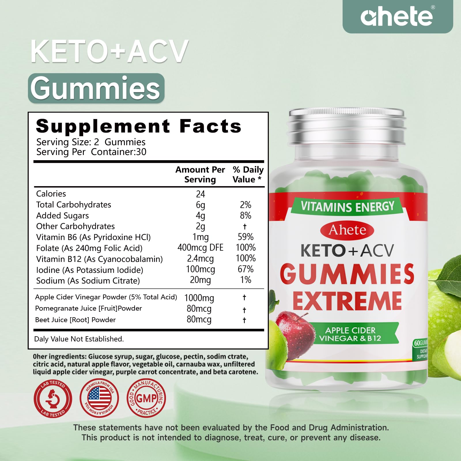 Ahete Keto Apple Cider Vinegar Gummies with Vitamin B6, B12, Folate & Beet Root, Keto ACV Gummies Supports Daily Wellness & Metabolism, Natural Apple Flavor, 60 Gummies (30 Day Supply) Ahete Au supplements