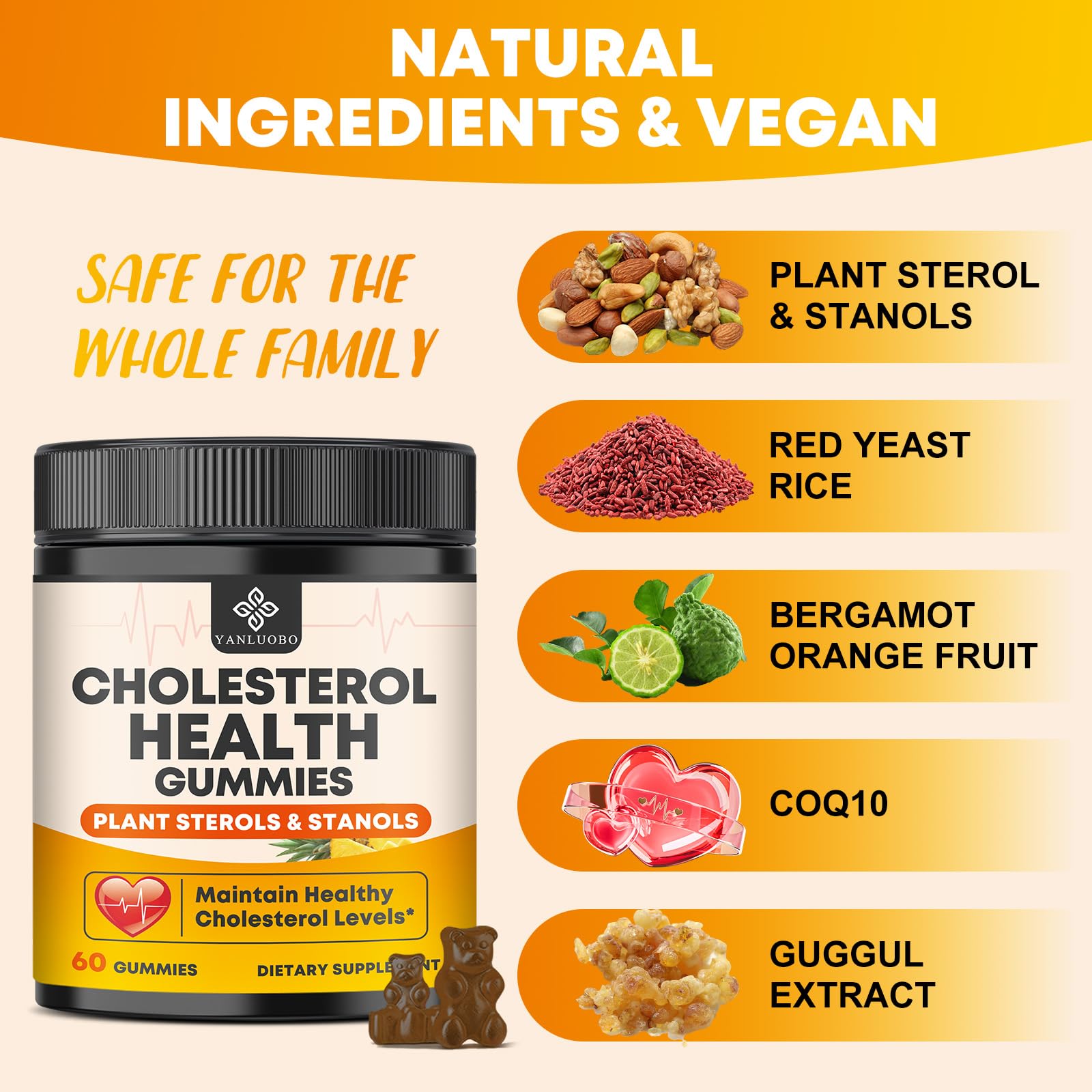 Cholesterol Supplements with 1200mg Plant Sterols & Stanols, Guggul, Bergamot, Red Yeast Rice, Cholesterol Complex Gummies Support Healthy Cholesterol Levels, Pineapple Flavor, 60 Counts YANLUOBO Au supplements