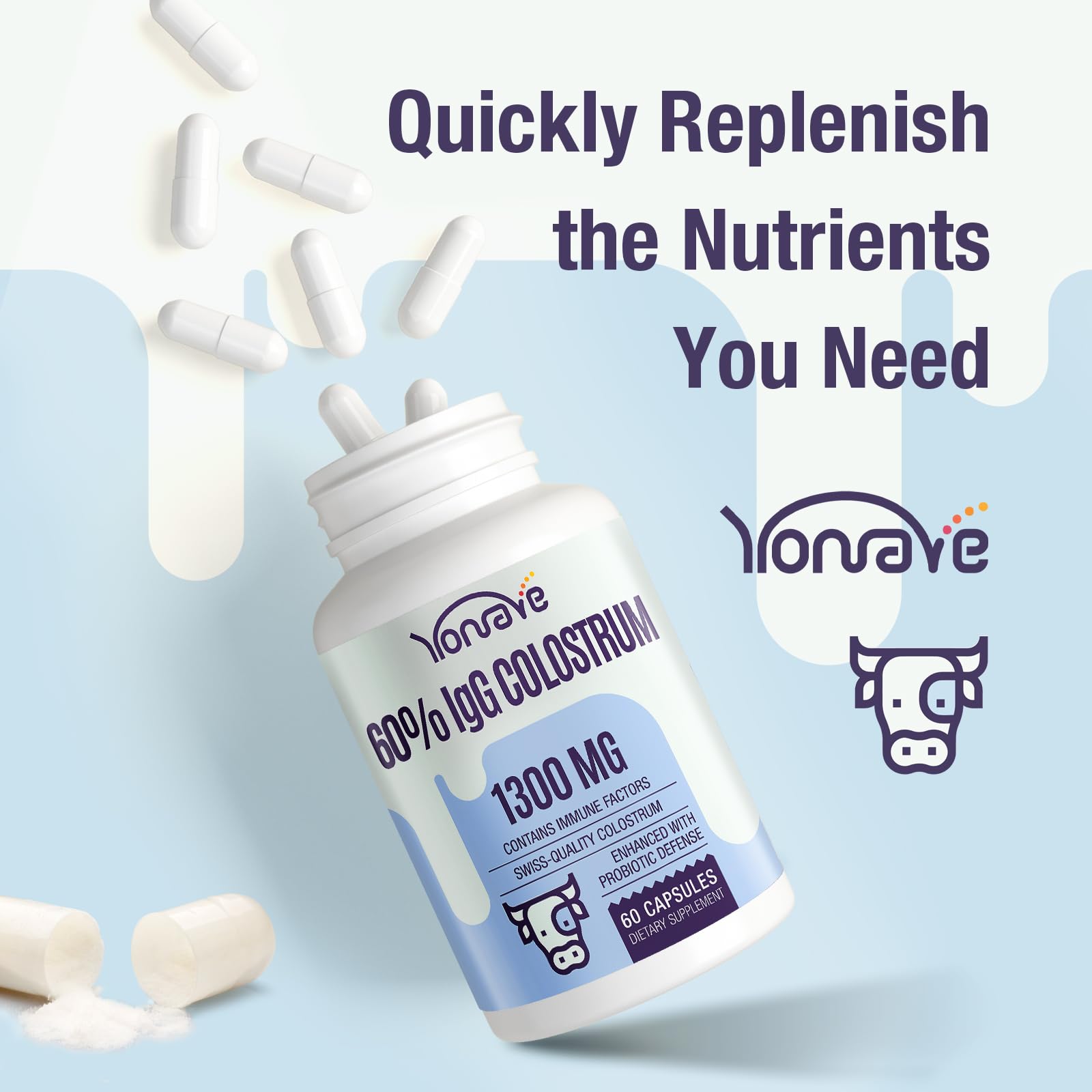 Yonrave Bovine Colostrum Capsules Supplement 1300mg - Extra High 60% IgG Bovine Colostrum - Gut, Bone, Exercise, Immune - 60 Capsules Yonrave Au supplements