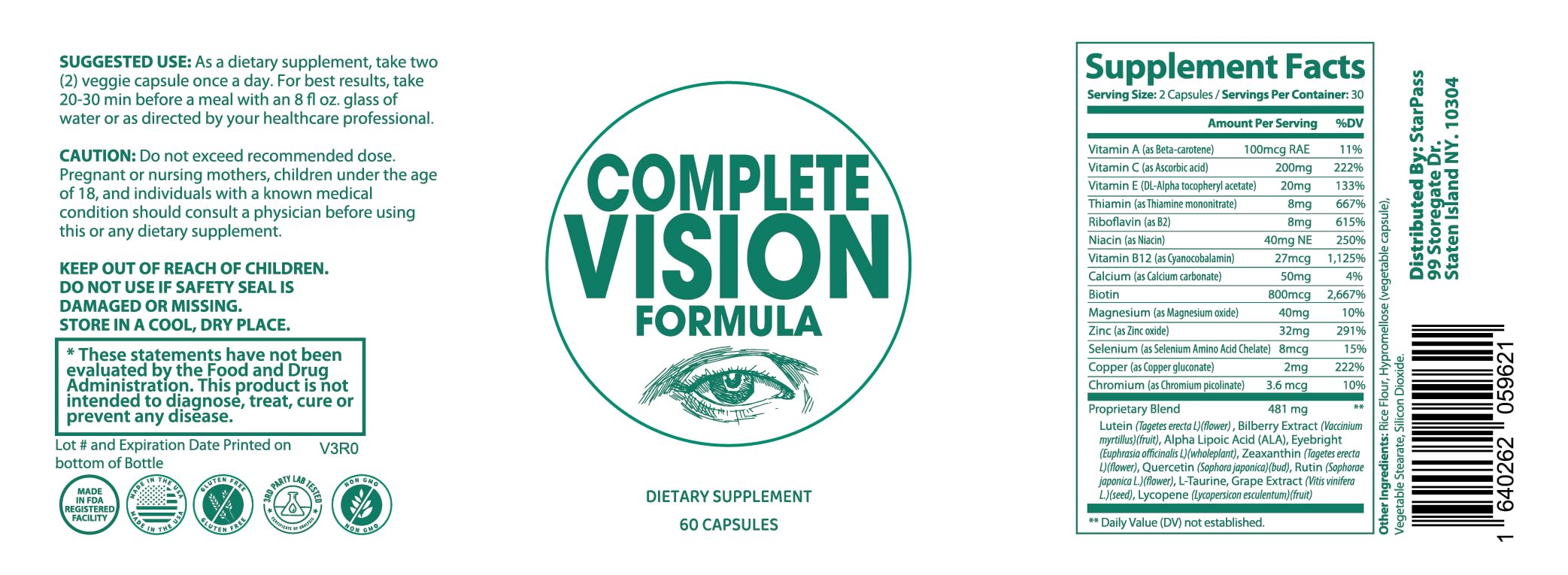Pure Eye Health Vitamin & Mineral Supplements for Adults | #1 Complete Research Vision Formula w/Bilberry, Lutein, Zeaxanthin, Lycopene, Resveratrol | Supports Eye Strain, Dry Eyes 60 Capsules StarPass Labs Au supplements