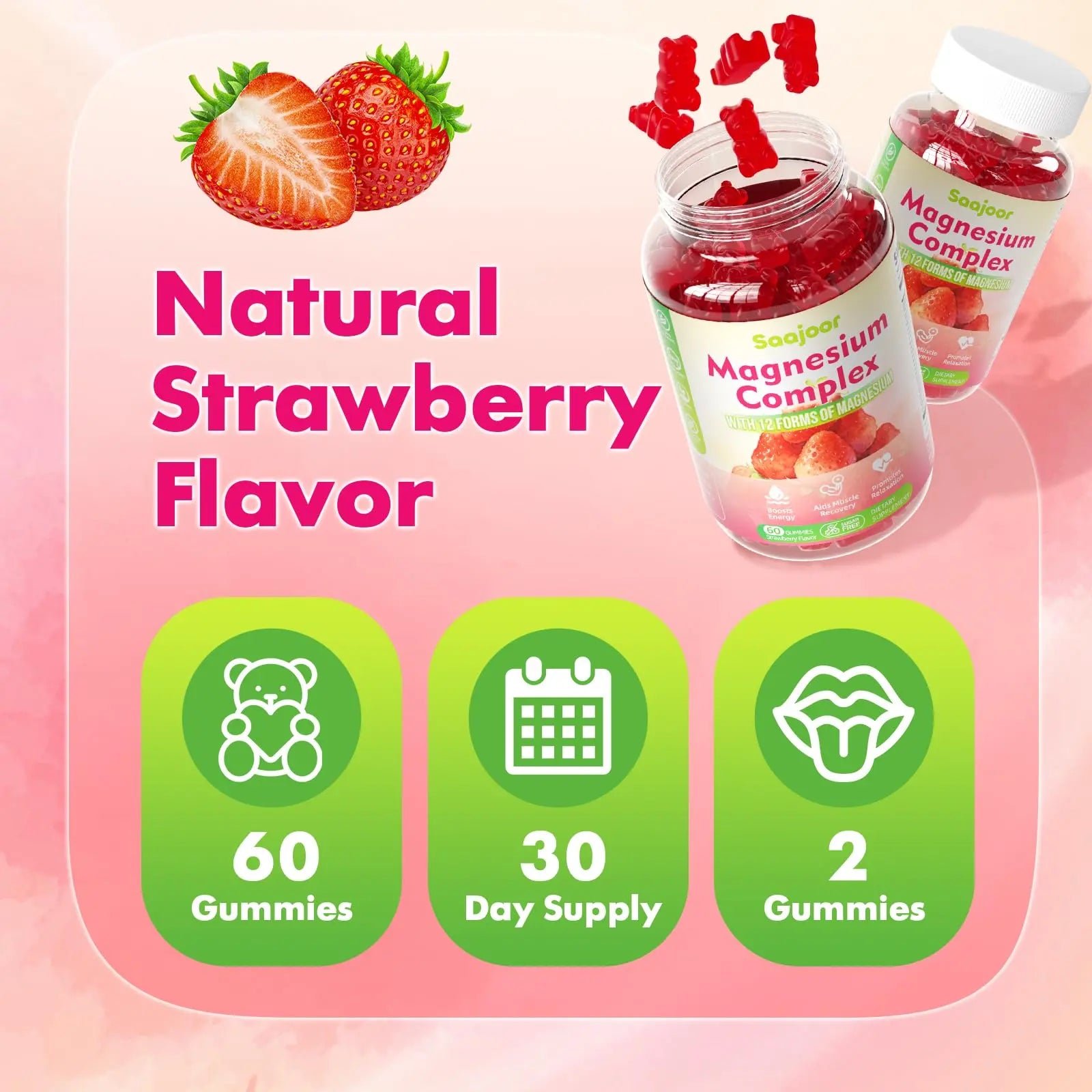 Magnesium Complex Gummies – with 12 Forms of Magnesium (Citrate, Glycinate, Malate, Oxide, and More) Plus Vitamins B6, B12, and C. for Women and Men – Strawberry Flavor, 60 Count Saajoor Au supplements
