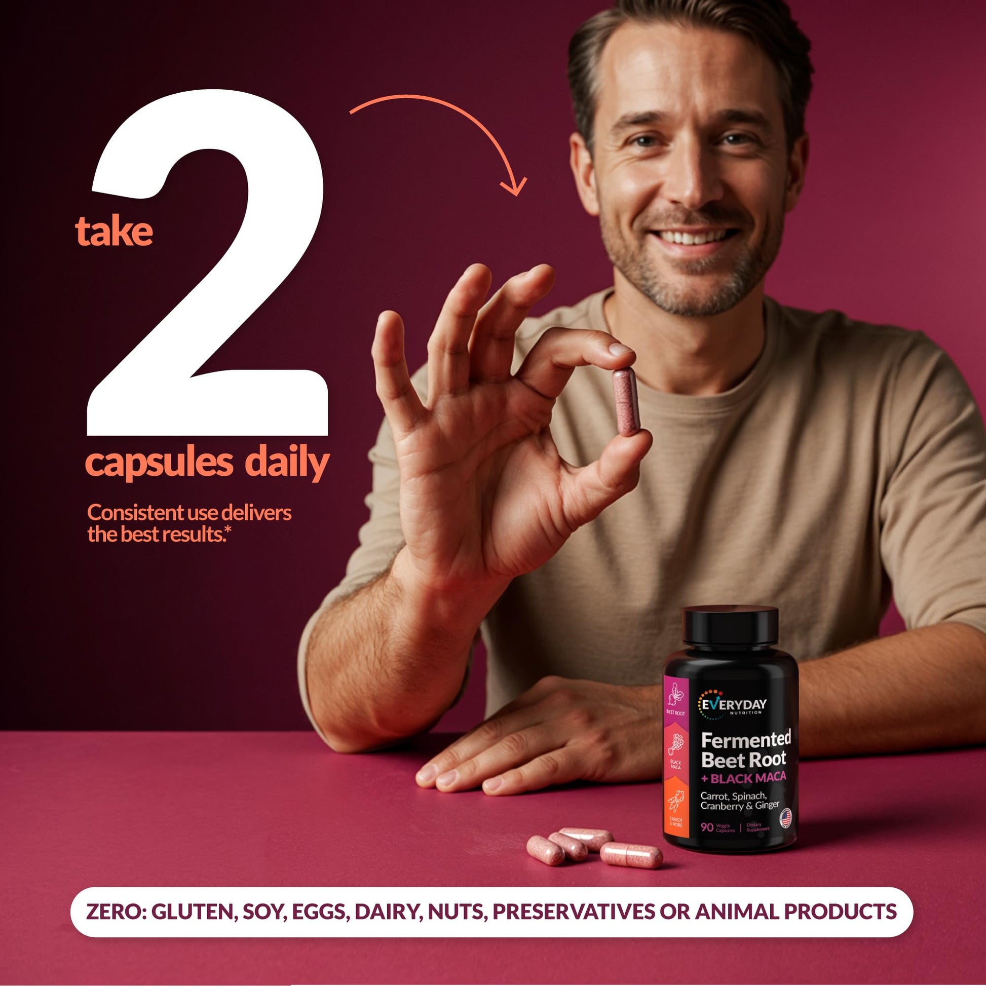 EVERYDAY NUTRITION Organic Fermented Beet Root & Black Maca Capsules with Carrot, Spinach, Cranberry & Ginger | Superfood for Energy, Stamina & Wellness | 90 Veggie Capsules | Made in USA EVERYDAY NUTRITION Au supplements