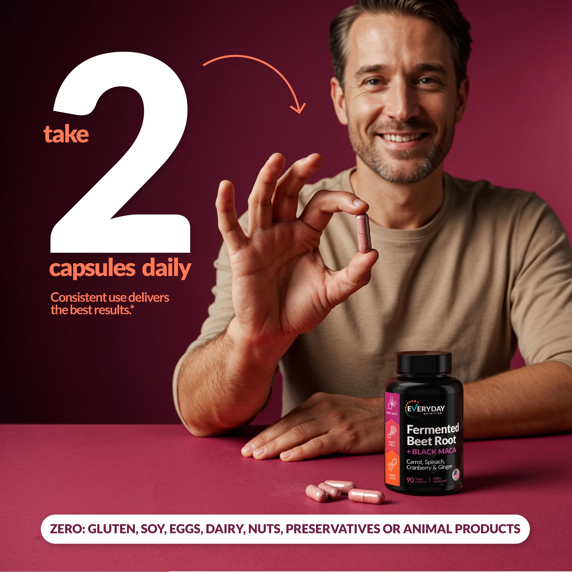 EVERYDAY NUTRITION Organic Fermented Beet Root & Black Maca Capsules with Carrot, Spinach, Cranberry & Ginger | Superfood for Energy, Stamina & Wellness | 90 Veggie Capsules | Made in USA EVERYDAY NUTRITION Au supplements