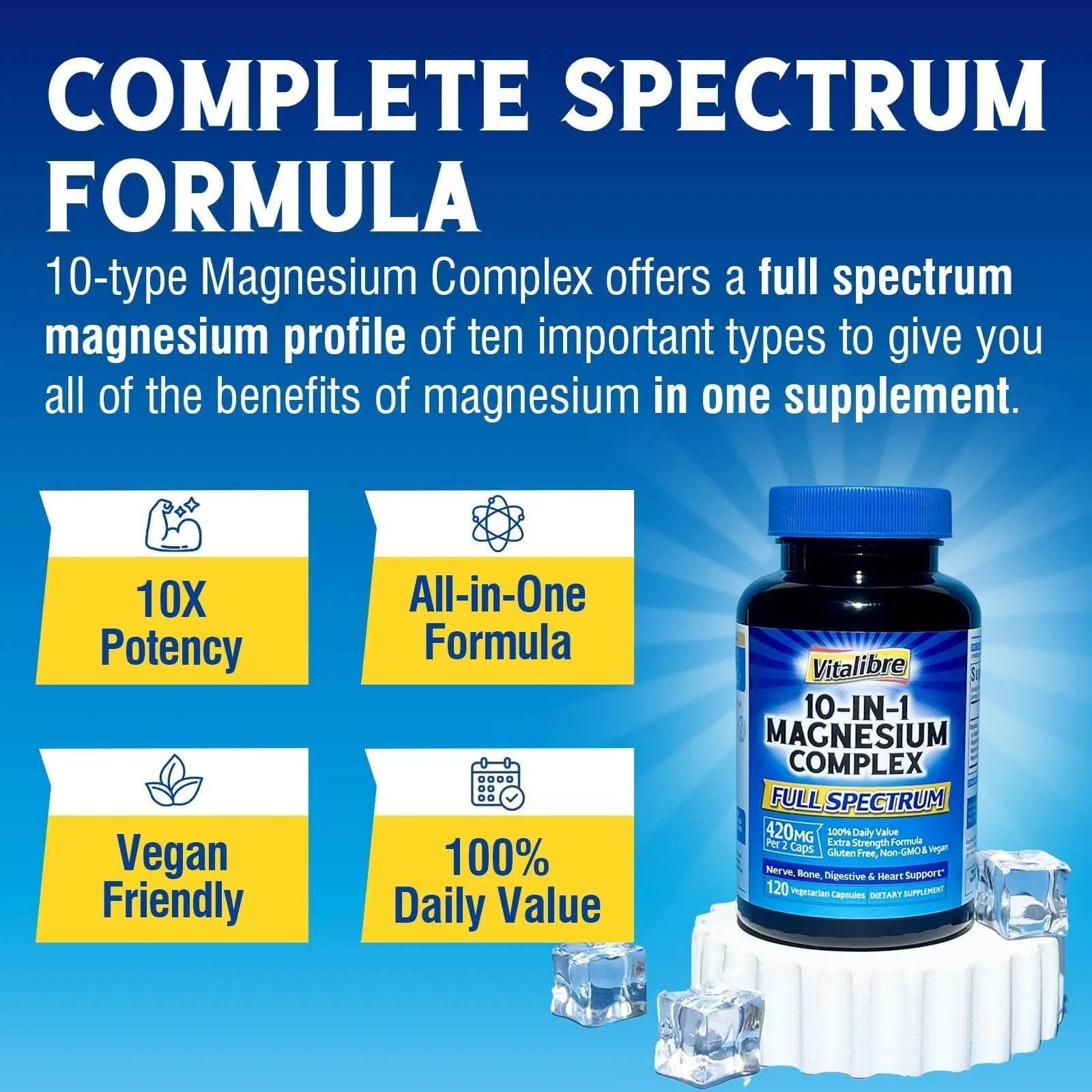 Vitalibre 10 in 1 Magnesium Complex, 420mg Elemental Magnesium | Ultra Strength, Max Absorption | Chelated Magnesium Supplement for Nerves, Bone & Heart Health | Non-GMO, 120 Vegan Capsules Vitalibre Au supplements