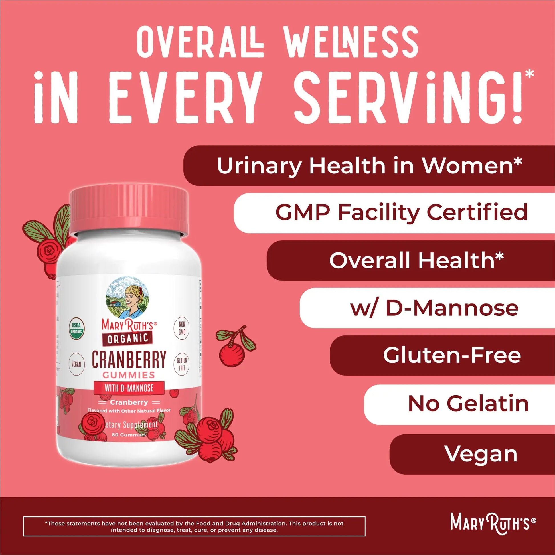 MaryRuth Organics Organic Cranberry Gummies - 500mg Supplement | Urinary Tract Health for Women | with D Mannose | Traditional Use MARYRUTH'S Au supplements